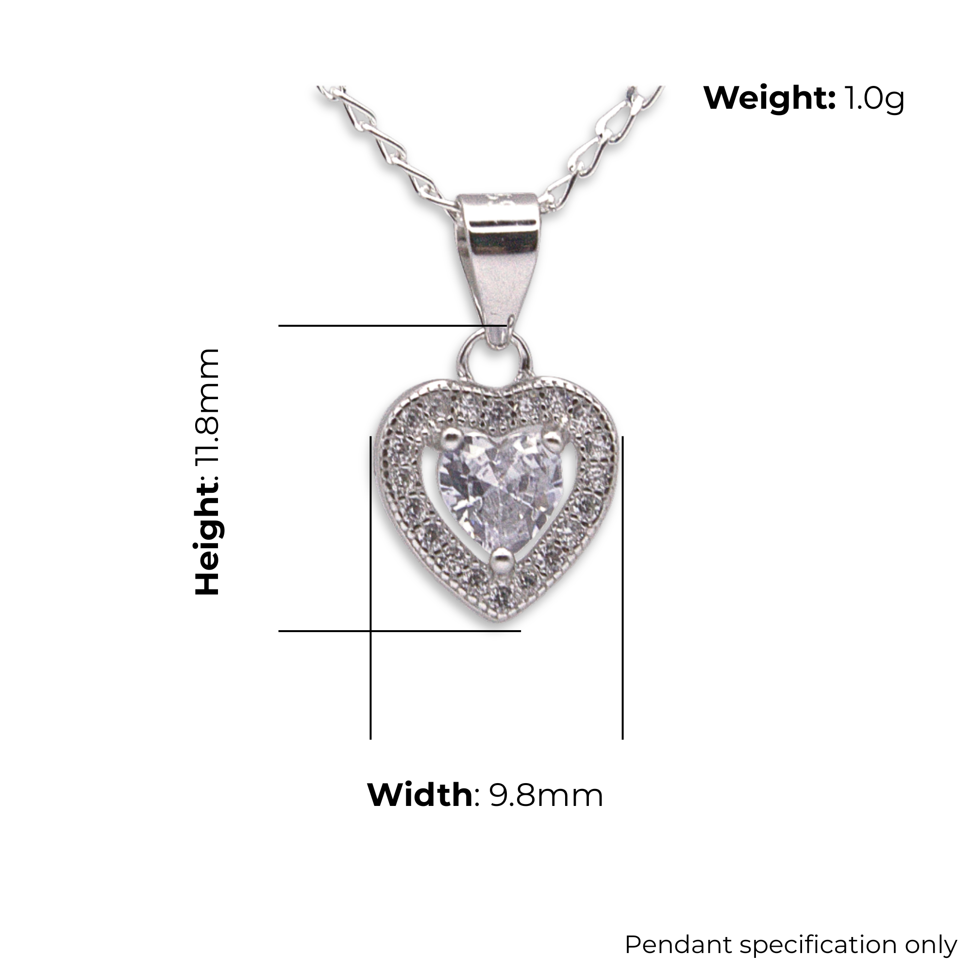 Sterling Silver Heart Pendant with CZ, product dimensions shown, width 9.8mm, height 11.8mm, weight 1g, pendant specification only