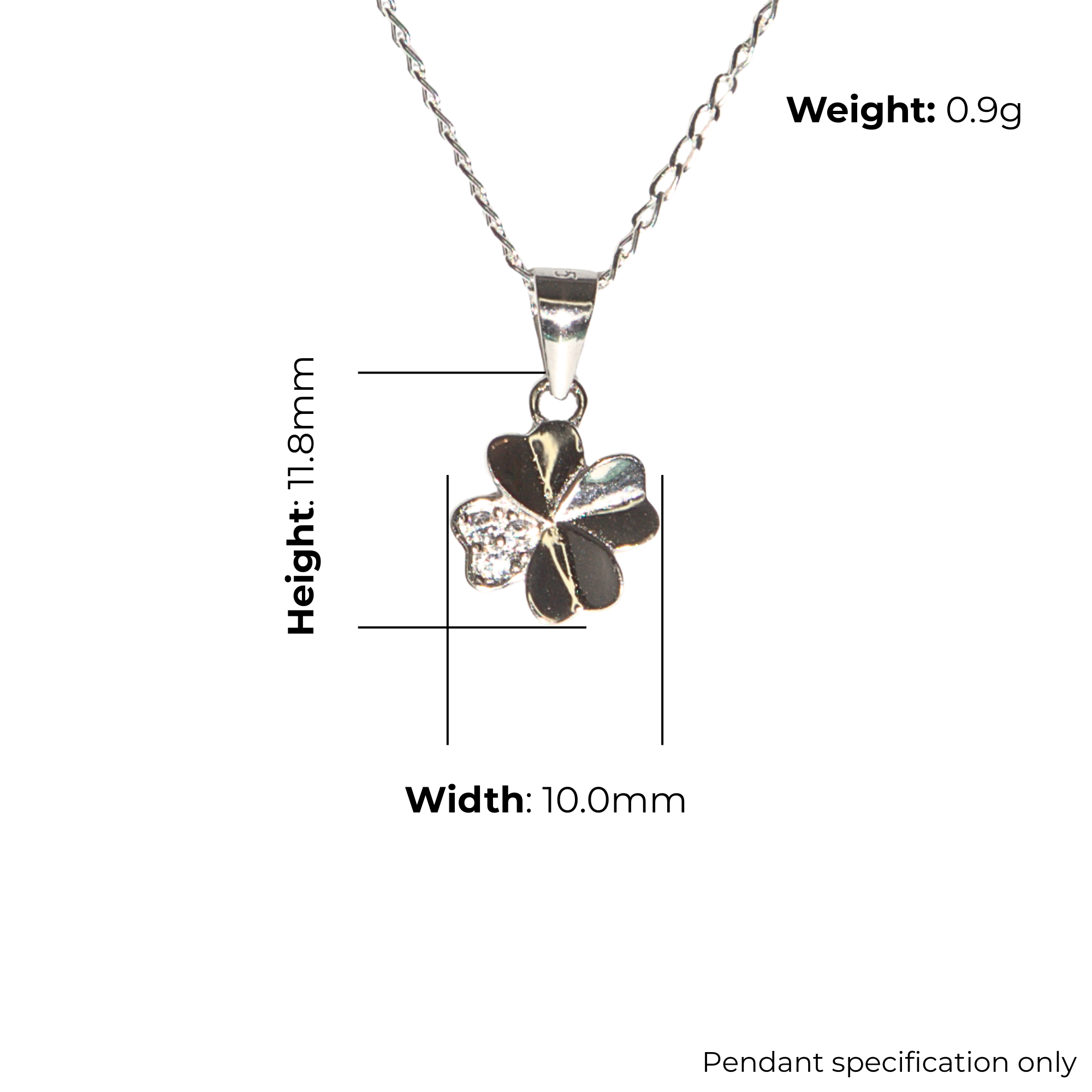 Sterling Silver Four-Leaf Clover Pendant & Stud Earring Set, Pave-Set CZ Detail, product dimensions shown, pendant height 11.8mm, width 10.0mm, pendant specification only