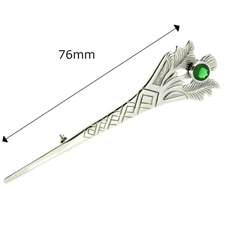 Sterling Silver Scottish thistle kilt pin with green cubic zirconia, product dimensions displayed, 76mm in length
