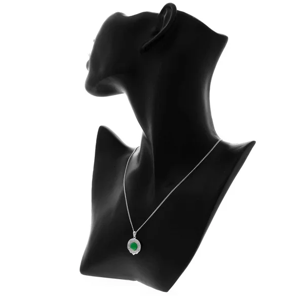Sterling Silver Claddagh Pendant, engraved Friendship Loyalty Love border, green CZ bezel set, shown on modelling bust at neckline