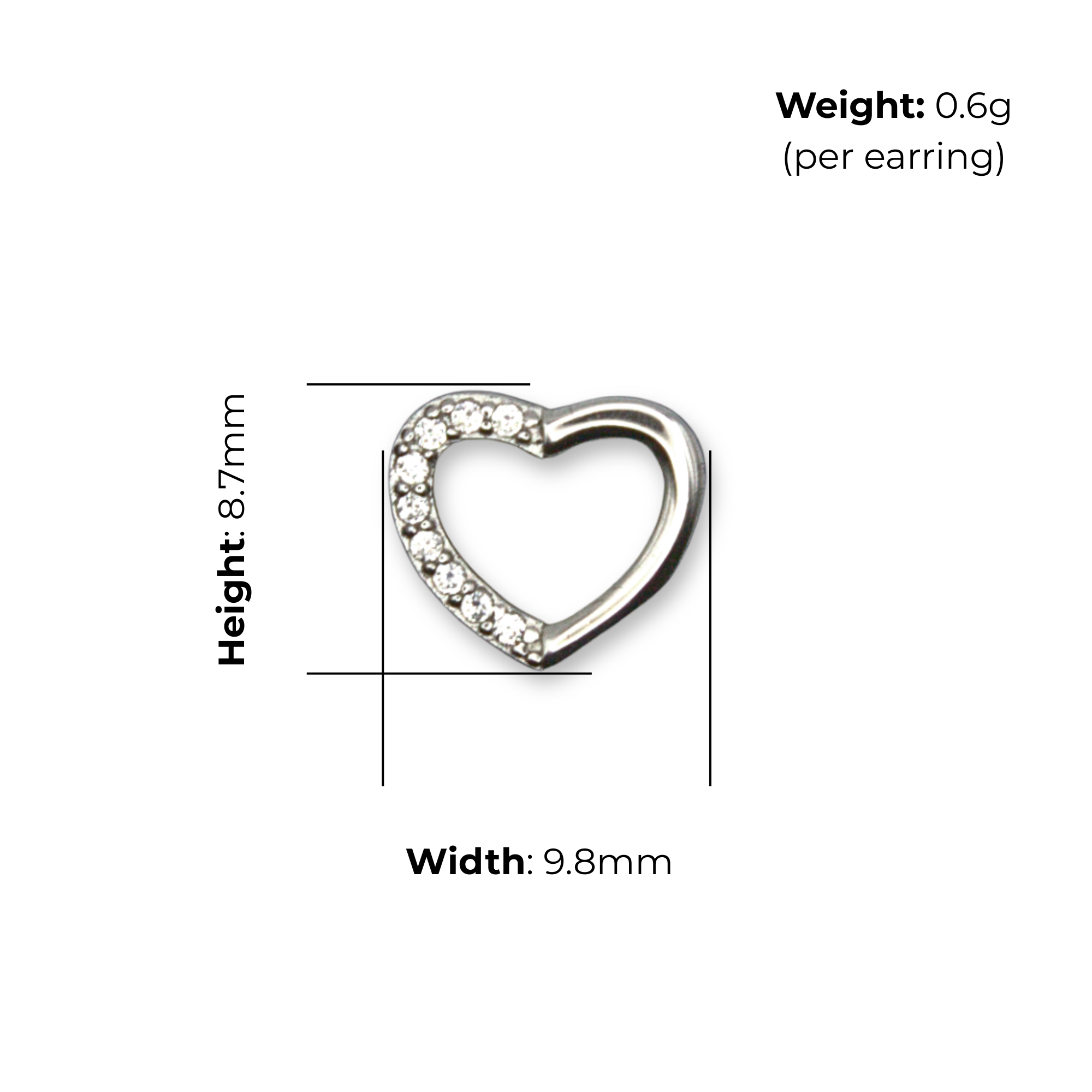 Sterling Silver Open Heart Stud Earrings, CZ Outline, product dimensions shown, width 9.8mm, height 8.7mm, weight 0.6g per earring.