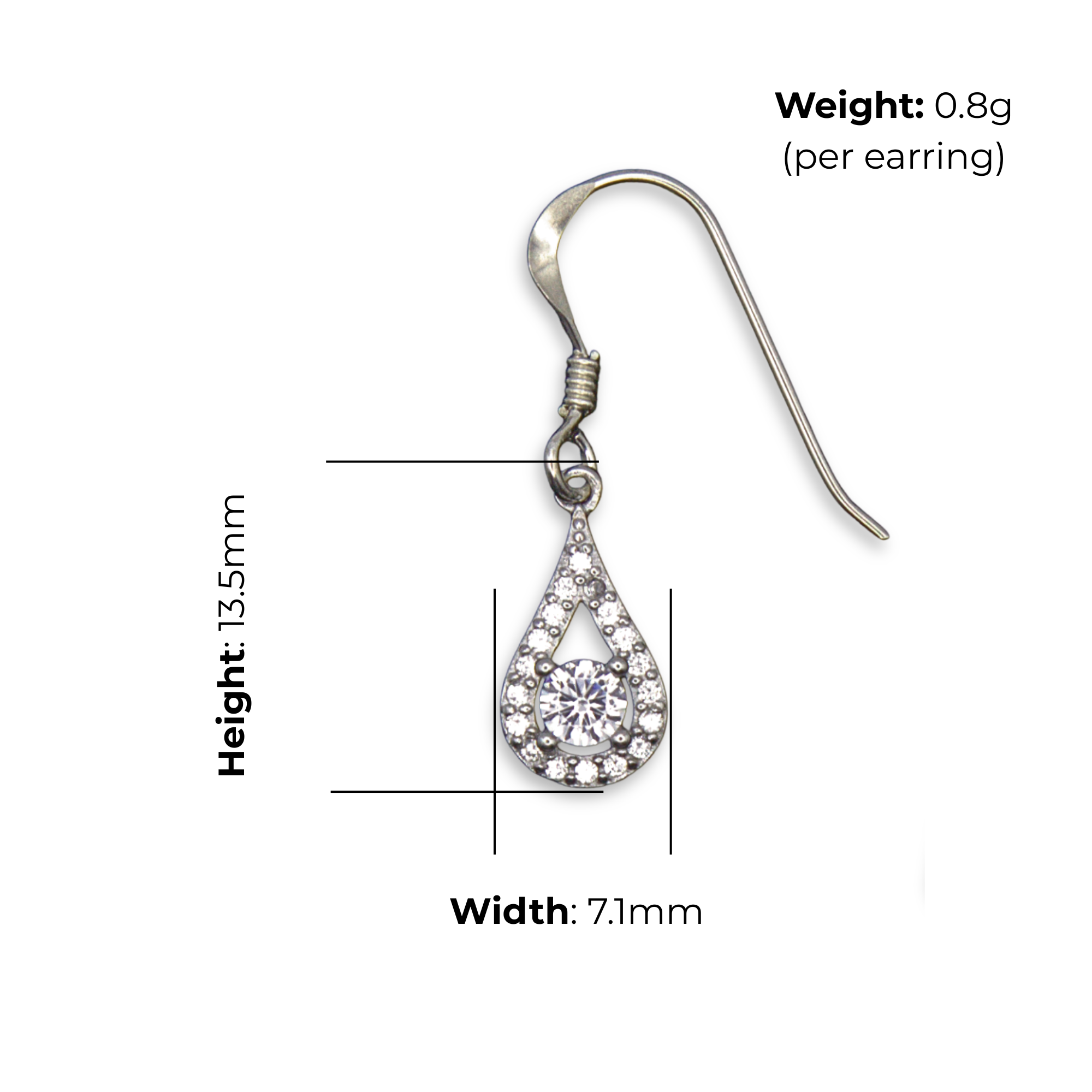 Sterling Silver Teardrop CZ Halo Drop Earrings, product dimensions shown, width 7.1mm, height 13.5mm, weight 0.8g per earring