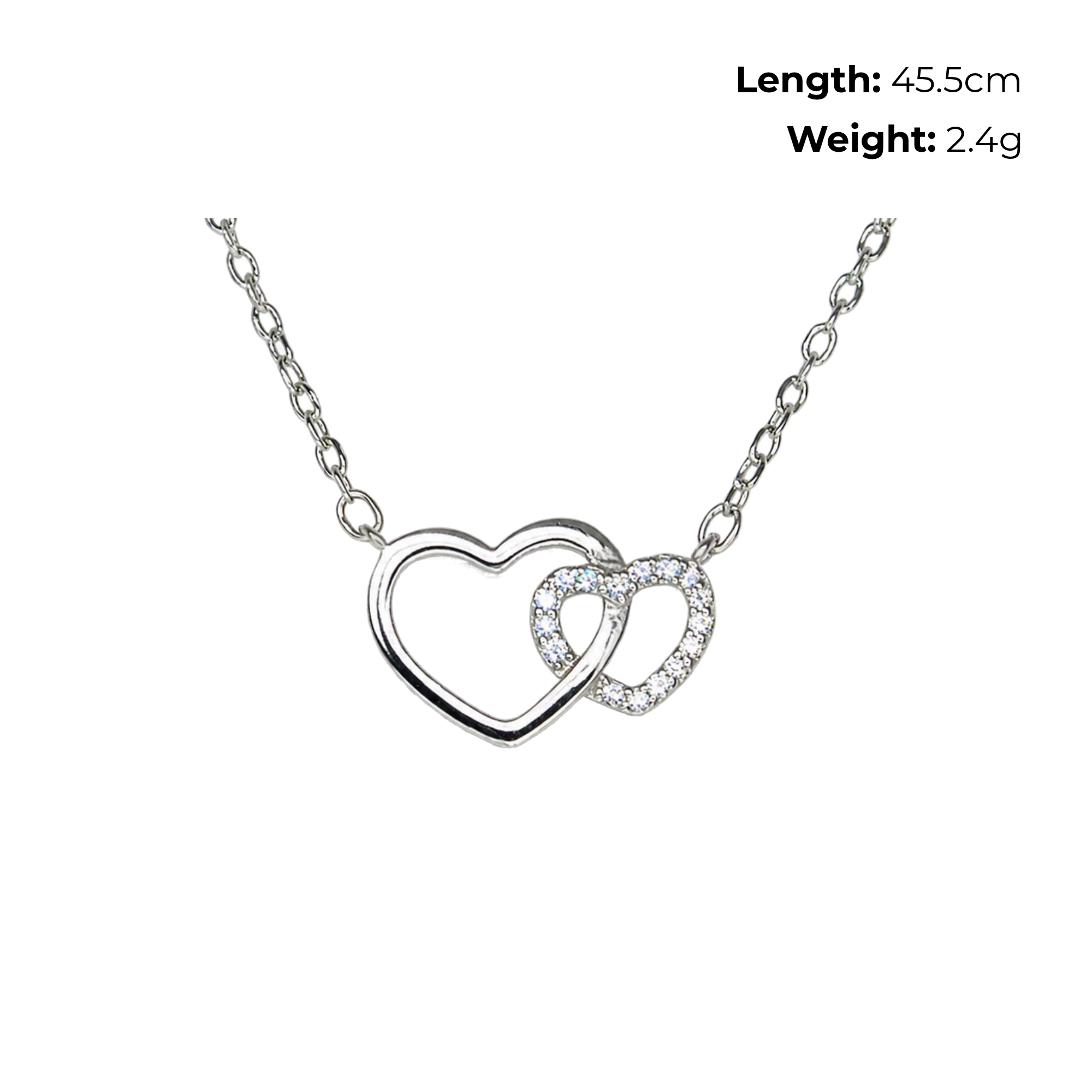 Sterling Silver Interlocking Hearts Necklet, CZ Detail, product dimensions shown, length 45.5cm, weight 2.4g.