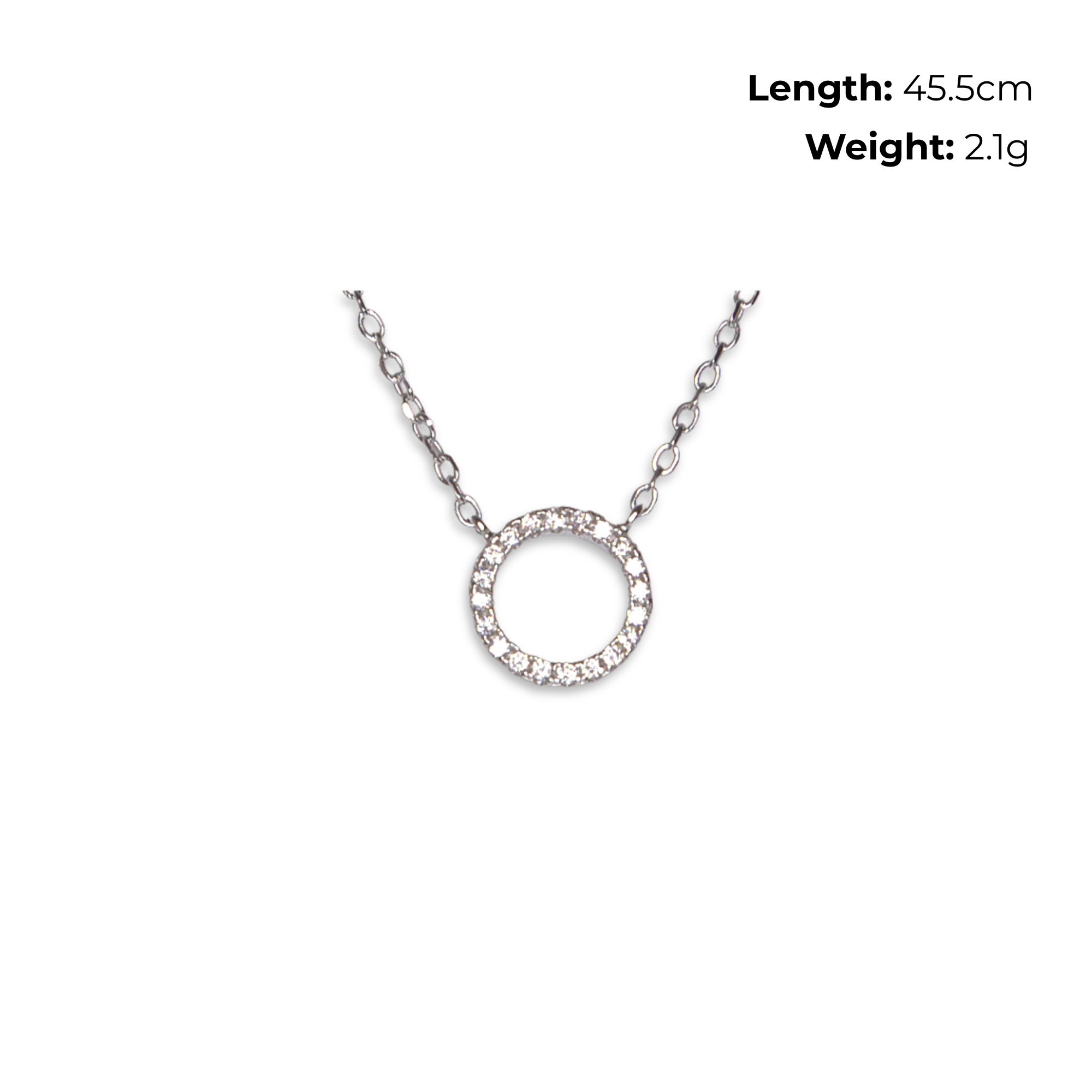 Sterling Silver Circle Necklet with CZ, product dimensions shown, length 45.5cm, weight 2.1g