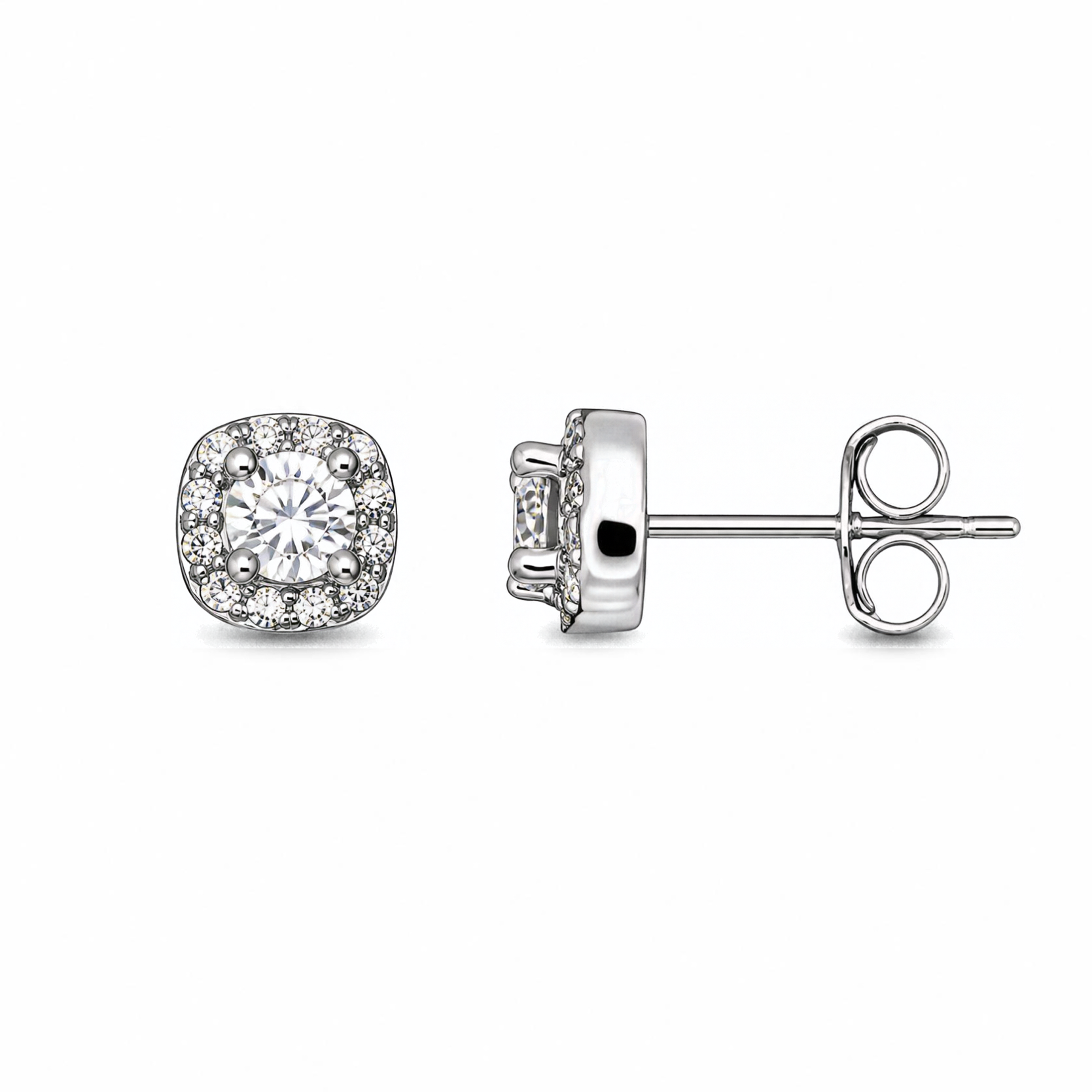 Sterling Silver Cushion Halo Stud Earrings, Pave-Set CZ