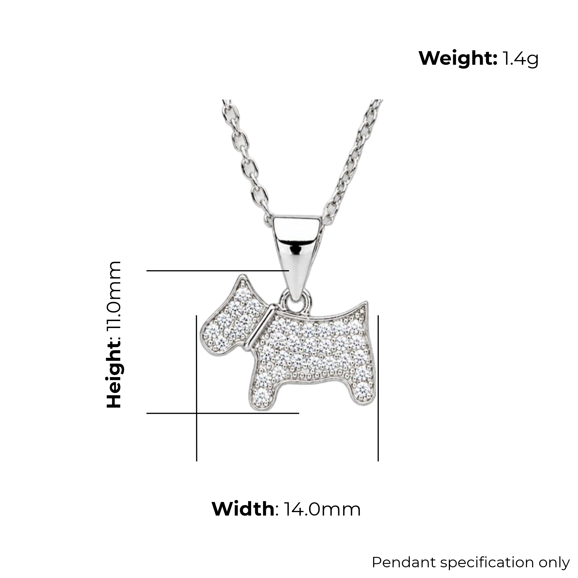 Sterling Silver Scottish Terrier Pendant with CZ, product dimensions shown, width 14mm, height 11mm, weight 1.4g, pendant specification only