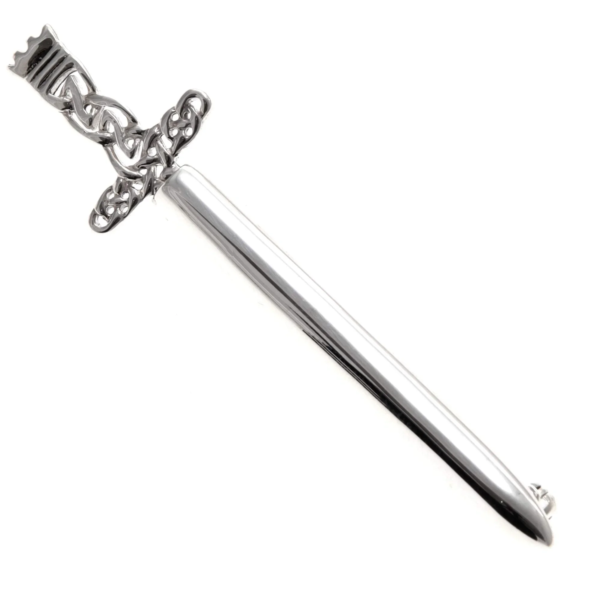 Sterling Silver Scottish sword kilt pin with sheath, Celtic knotwork hilt, fully removable sword, polished blade, 62mm