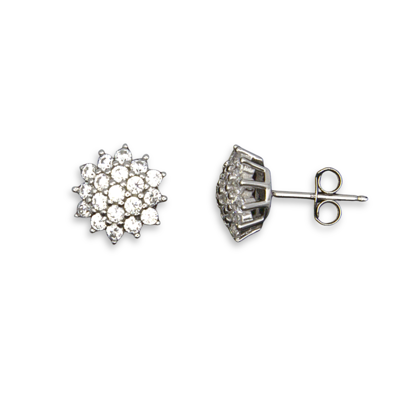 Sterling Silver Flower Cluster Stud Earrings, Pave-Set CZ