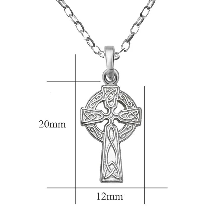 Sterling Silver petite Celtic cross pendant, product dimensions shown, 12mm width by 20mm height