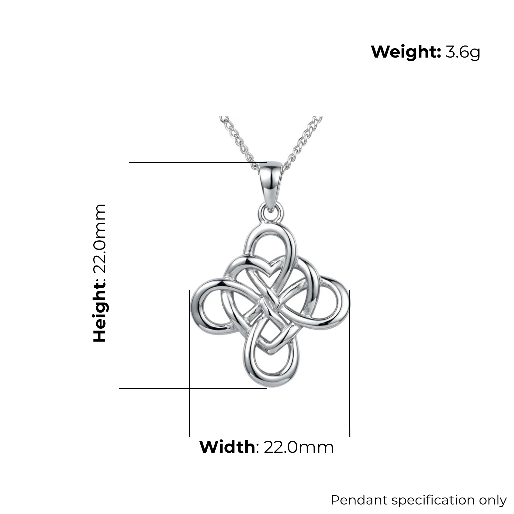 Sterling Silver Celtic Knotwork Heart Pendant, four-loop interlaced design, open heart detail, product dimensions shown, width 22mm, height 22mm, weight 3.6g, pendant specification only