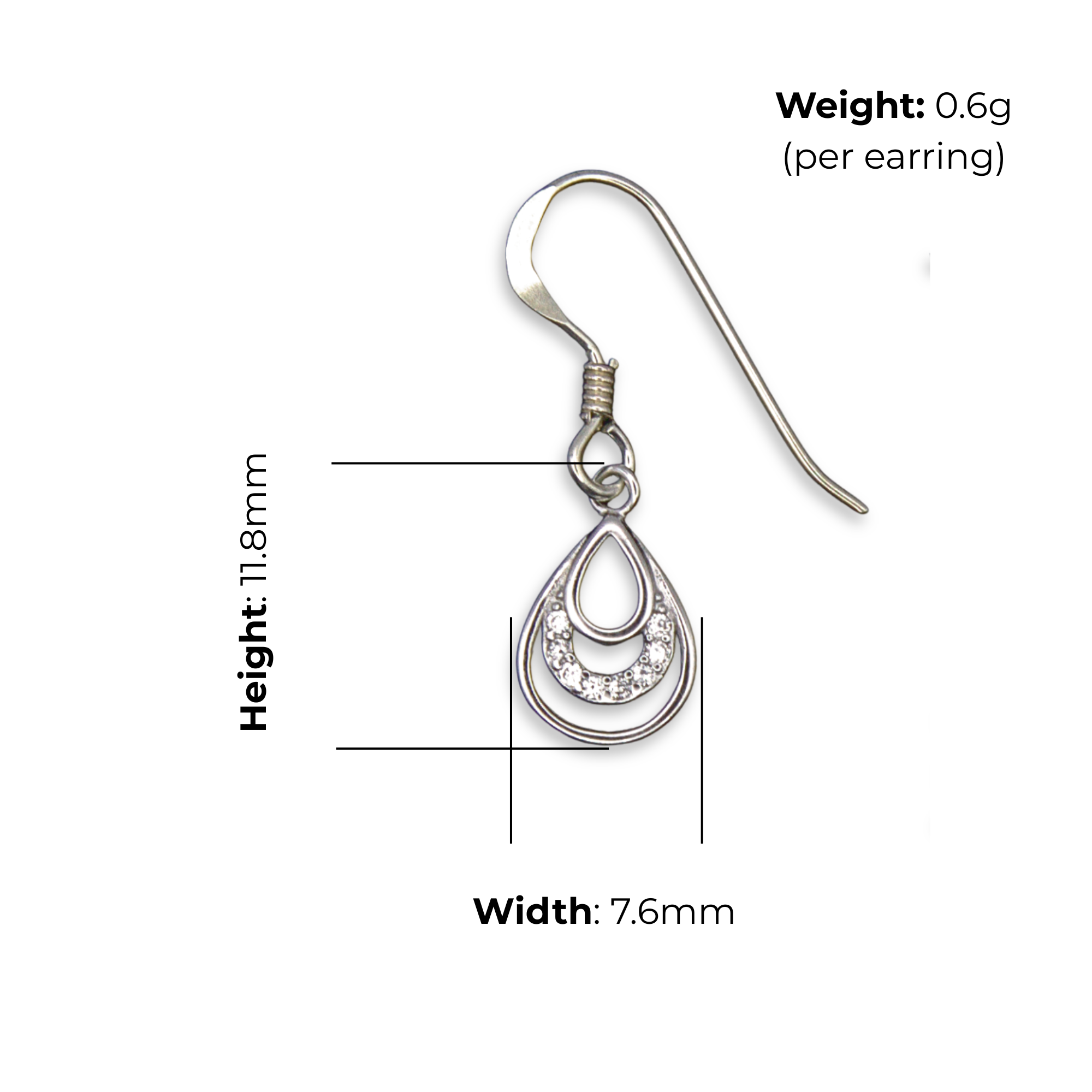 Sterling Silver Double Teardrop Drop Earrings, CZ product dimensions shown, width 7.6mm, height 11.8mm, weight 0.6g per earring