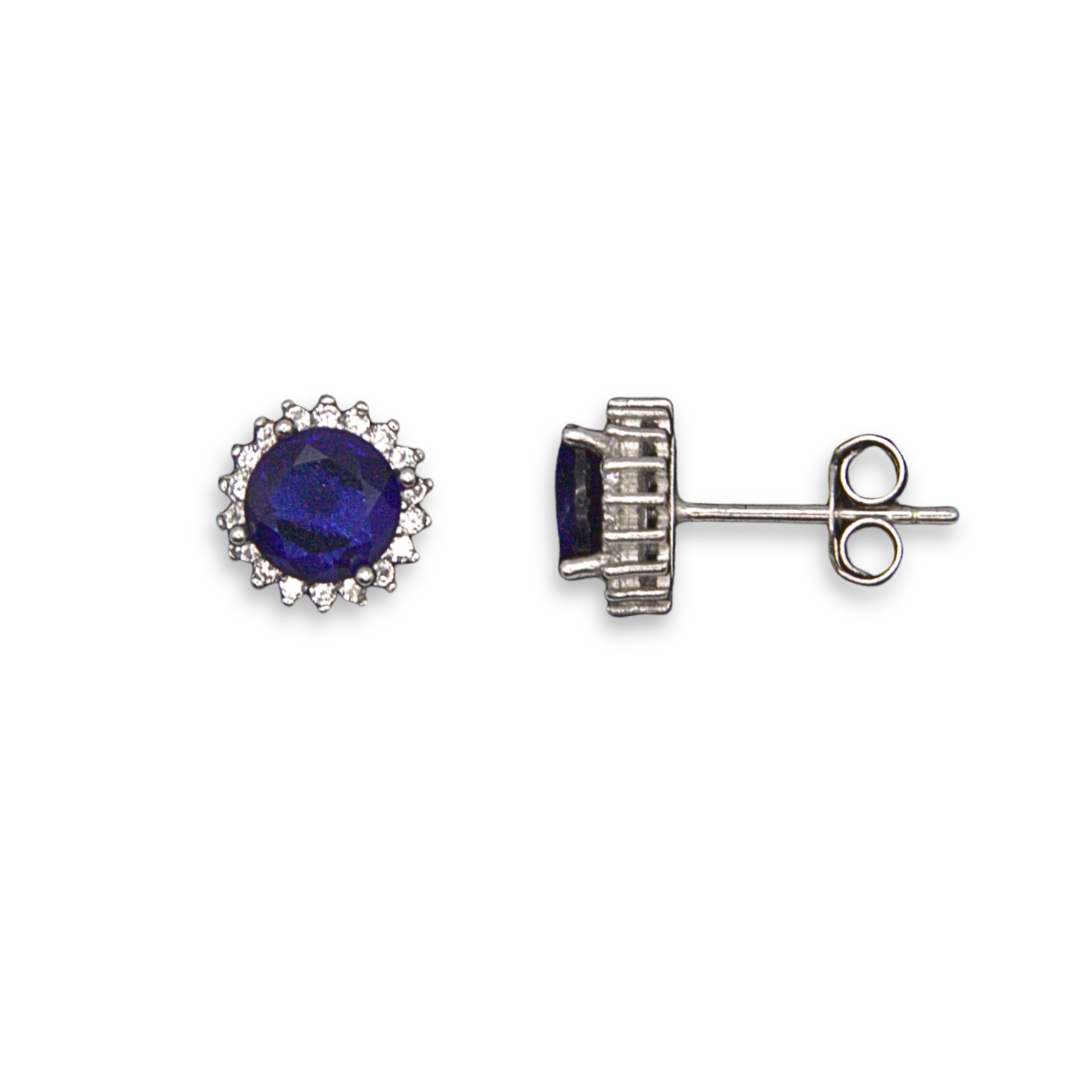 Sterling Silver Halo Stud Earrings, Blue CZ Centre Stone