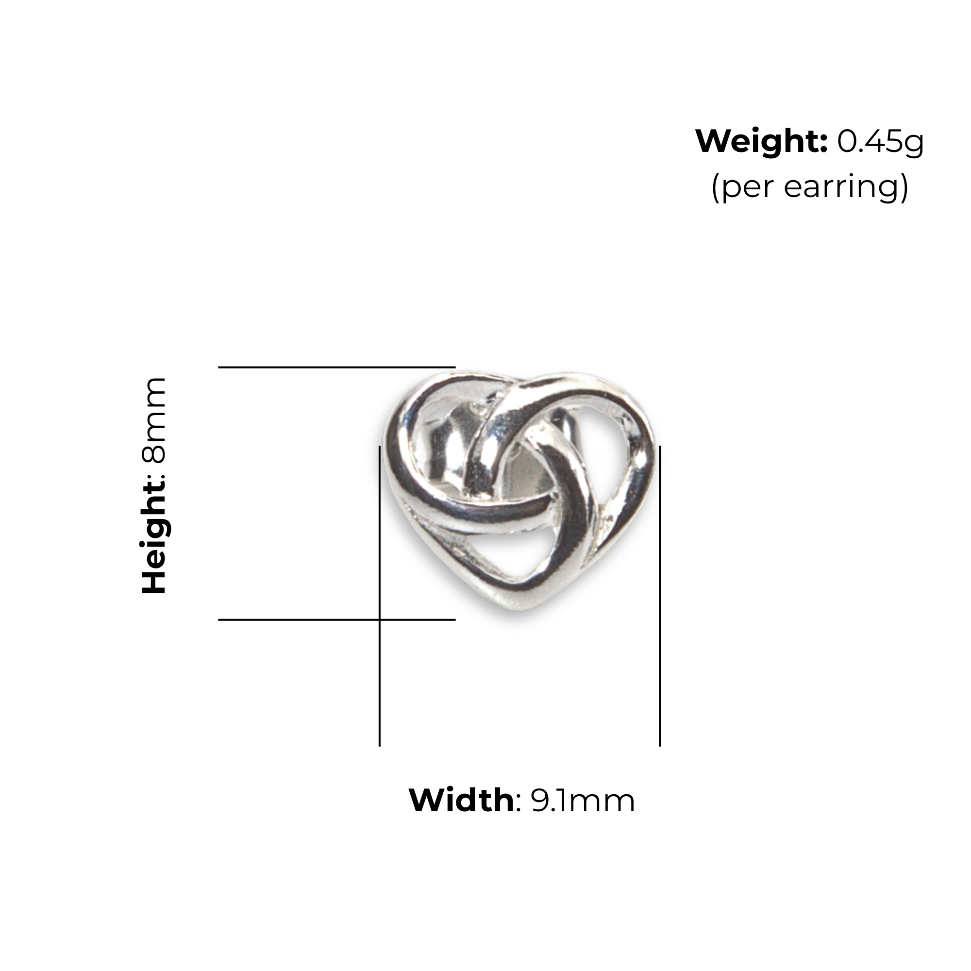 Sterling Silver Celtic Trinity Knot Heart Stud Earrings, open heart frame, high mirror polish, push back fitting, product dimensions shown, width 9.1mm, height 8mm, weight 0.45g per earring