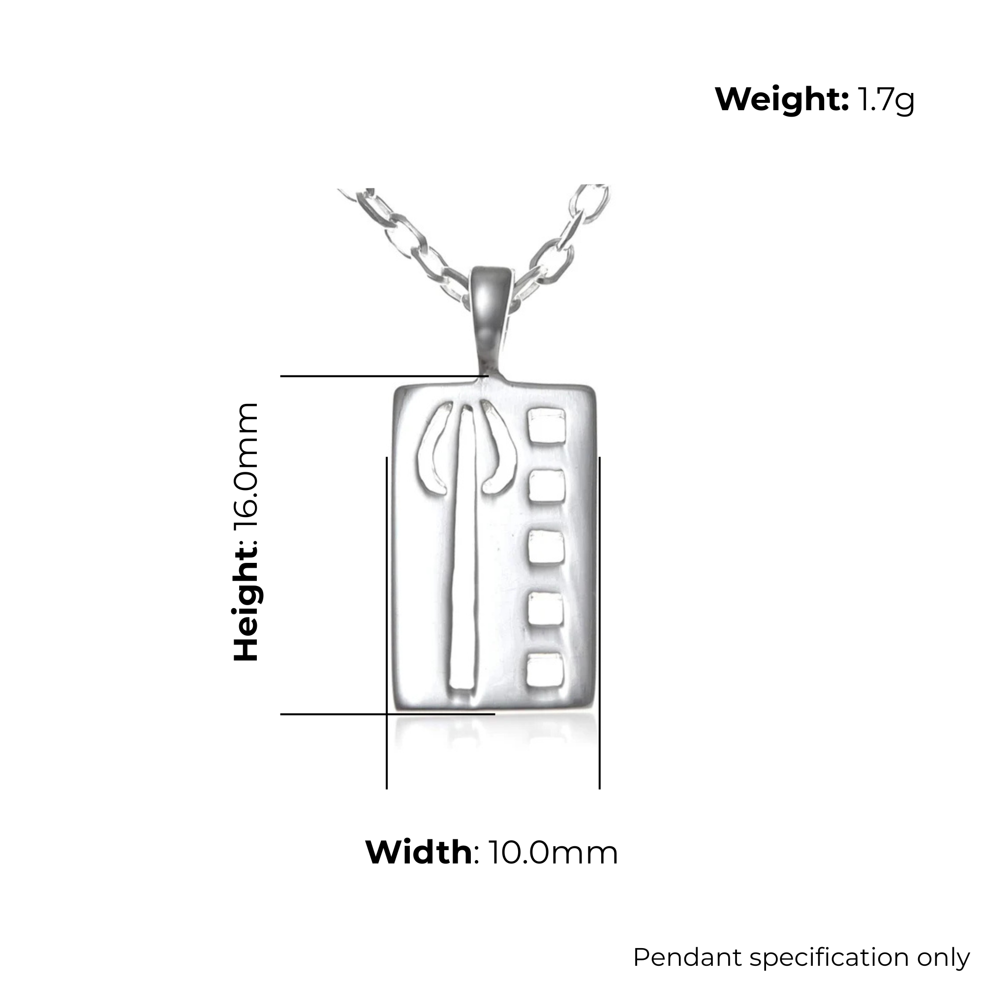 Sterling Silver Charles Rennie Mackintosh Panel Pendant, geometric and floral design, product dimensions shown, width 10mm, height 16mm, weight 1.7g, pendant specification only