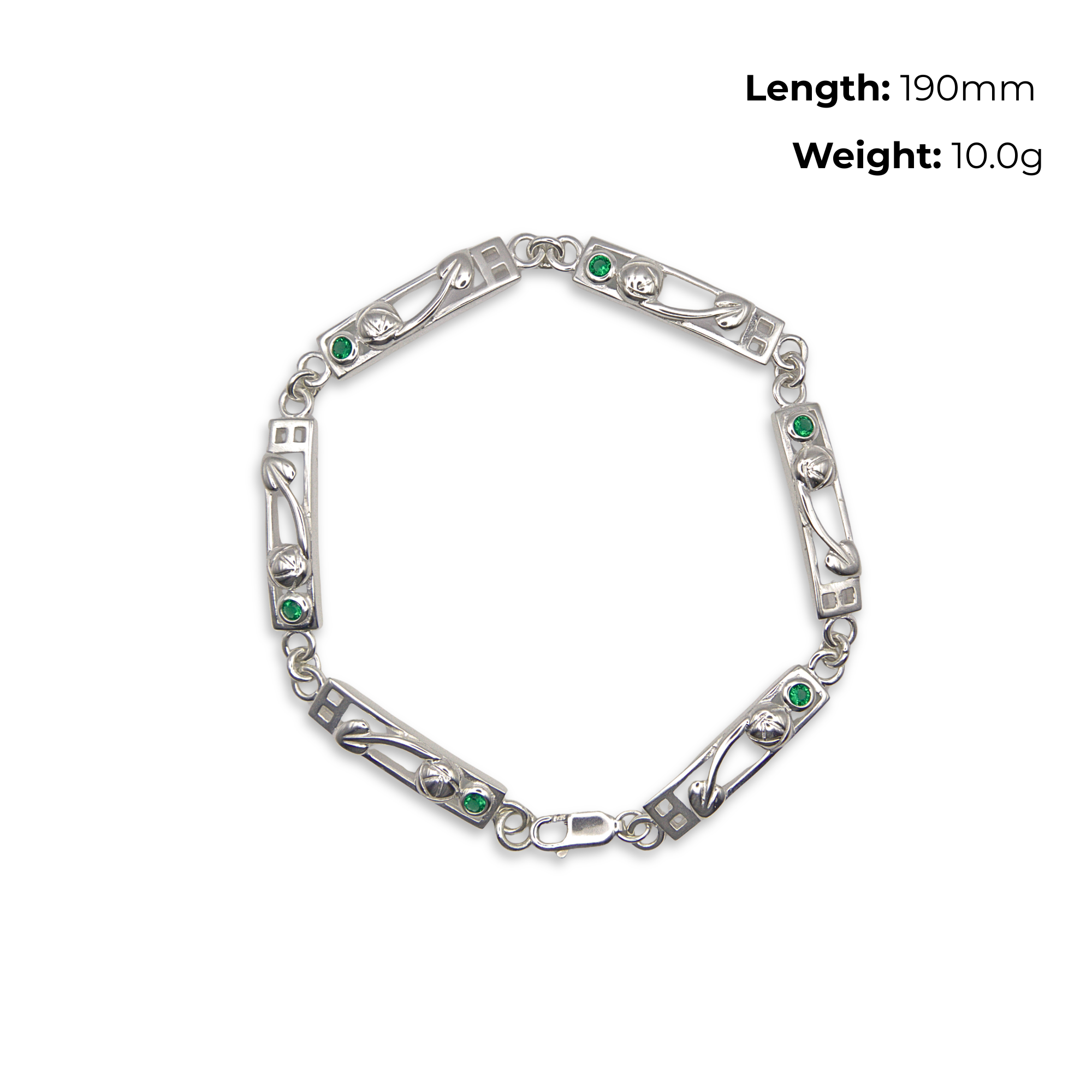 Sterling Silver Charles Rennie Mackintosh Bar Link Bracelet, green stone, product dimensions shown, length 190mm, weight 10g
