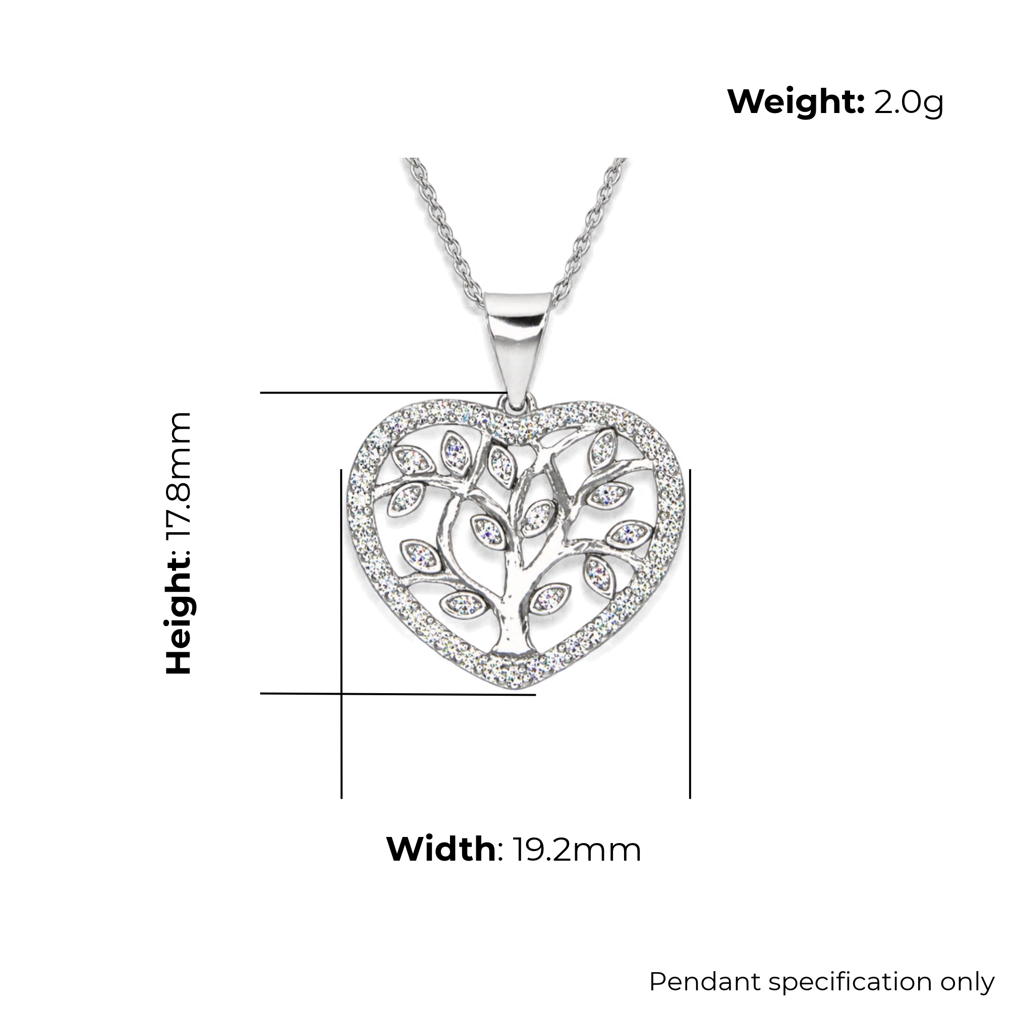 Sterling Silver Tree of Life Heart Pendant, Pave-Set CZ Border, product dimensions shown, width 19.2mm, height 17.8mm, weight 2.0g, pendant specification only.