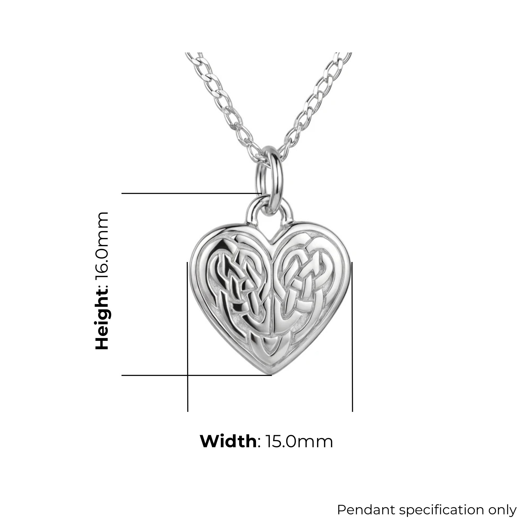 Sterling Silver Celtic Heart Knotwork Pendant, mirrored interlaced interior, high mirror polish, product dimensions shown, width 15mm, height 16mm, pendant specification only