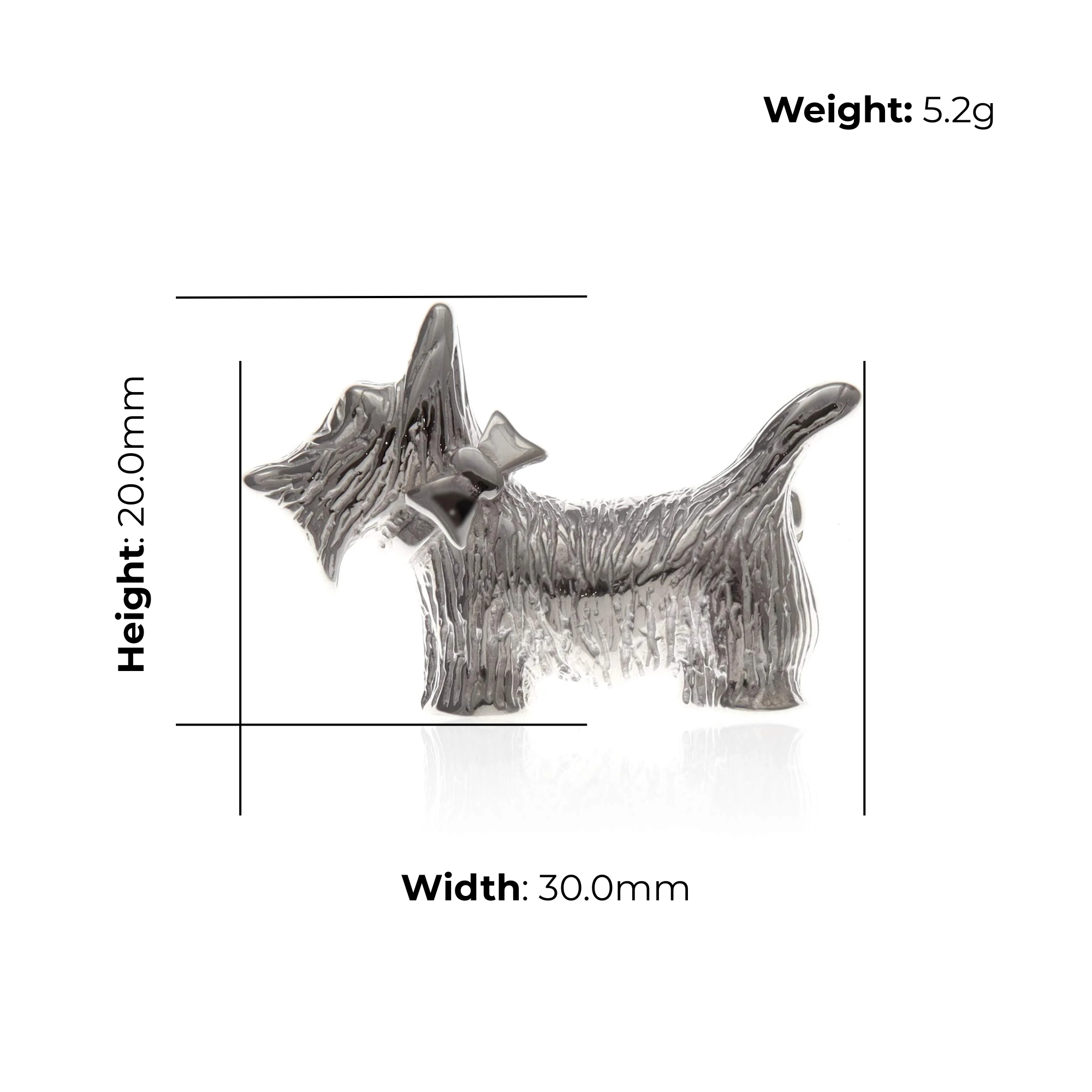 Sterling Silver Scottie Dog Brooch, textured detail, product dimensions shown, width 30mm, height 20mm, weight 5.2g