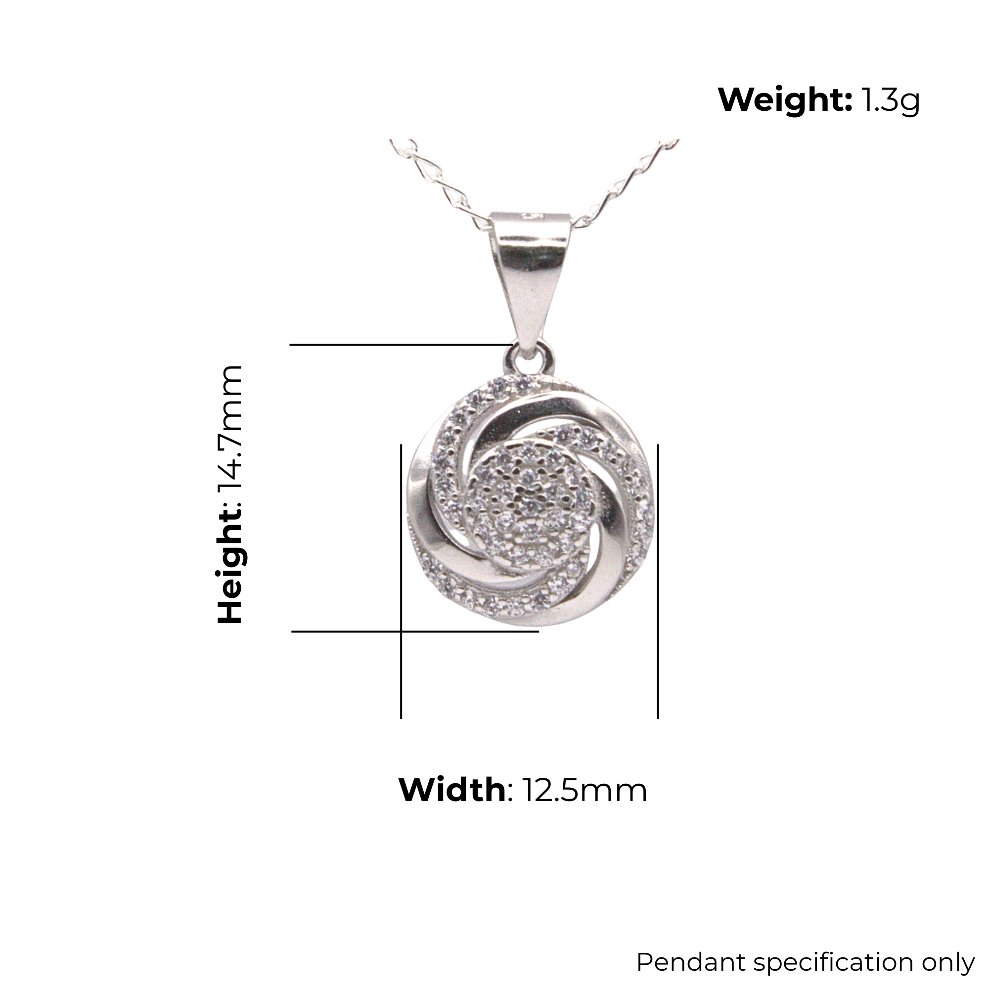 Sterling Silver Round Spiral CZ Pendant, product dimensions shown, width 12.5mm, height 14.7mm, weight 1.3g, pendant specification only