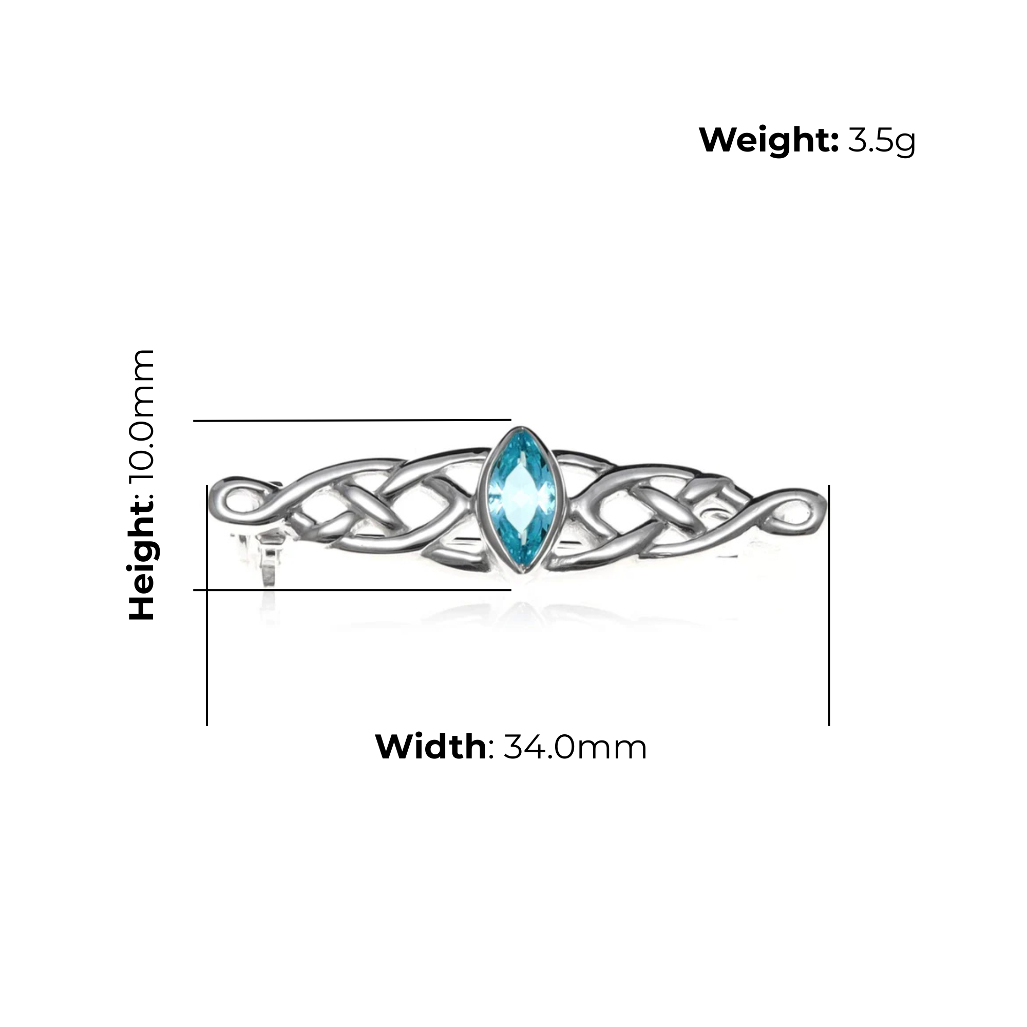 Sterling Silver Celtic Plaitwork Navette Brooch, marquise blue cubic zirconia, product dimensions shown, width 34mm, height 10mm, weight 3.5g