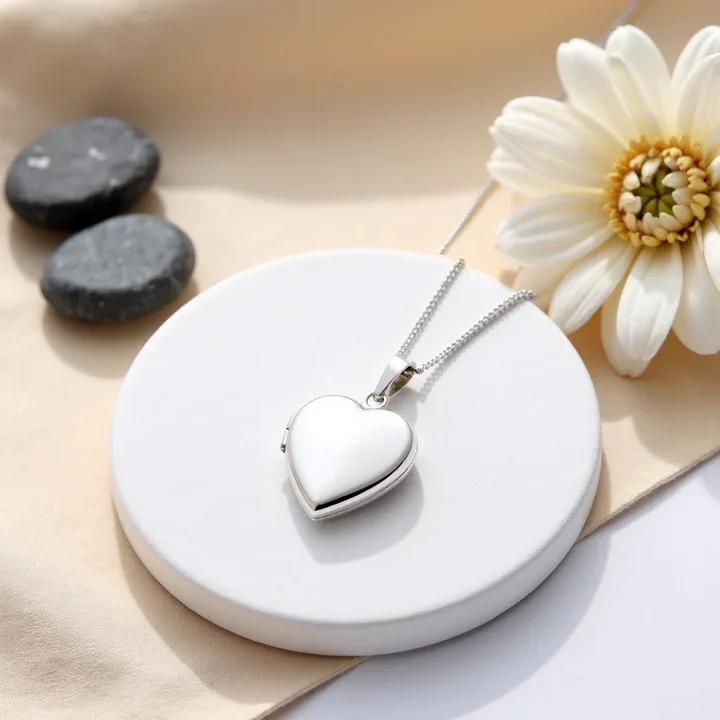Sterling Silver heart locket, mid-size. Plain high mirror polish, shown on display pad with sea stone and dried botanicals