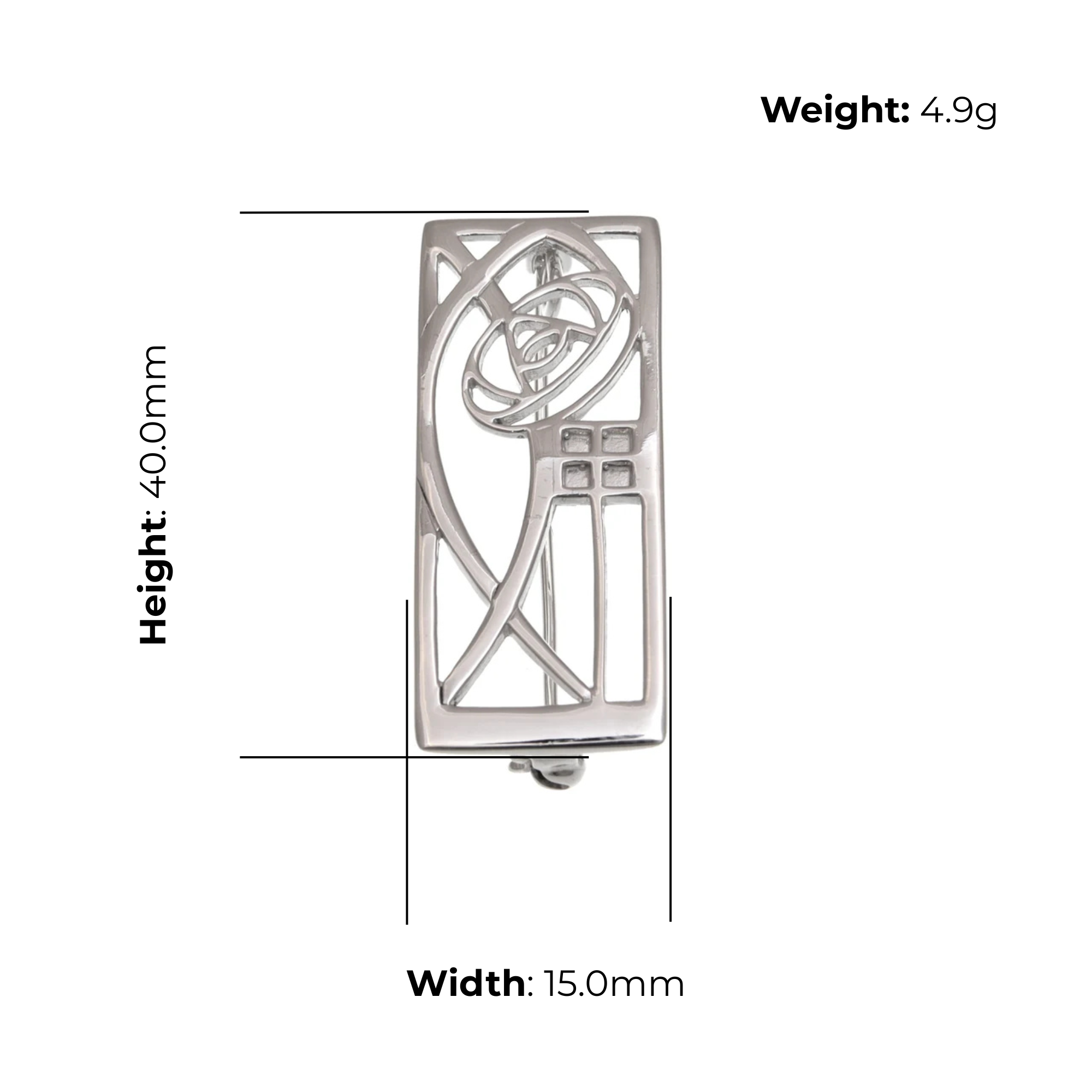 Sterling Silver Charles Rennie Mackintosh Panel Brooch, sculptural rose design, product dimensions shown, width 15mm, height 40mm, weight 4.9g