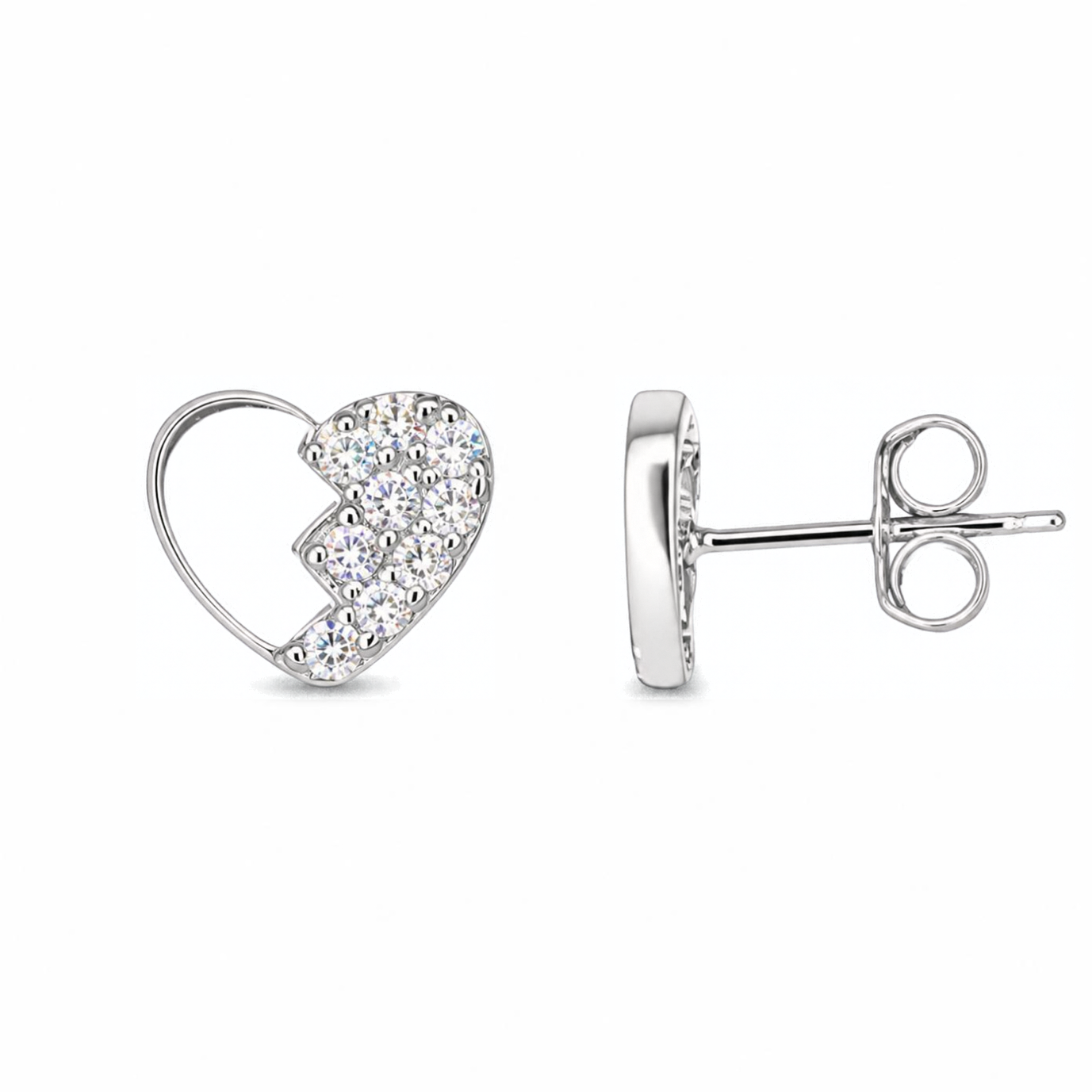 Sterling Silver Split Heart Stud Earrings, Solid Half Pave-Set CZ