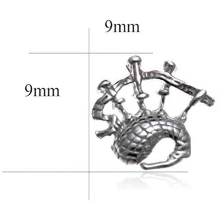 Sterling Silver Scottish Bagpipes Stud Earrings, sculpted Highland pipes form, crosshatched bag detail, 9mm x 9mm, push back fitting, product dimensions shown, width 9mm by height 9mm