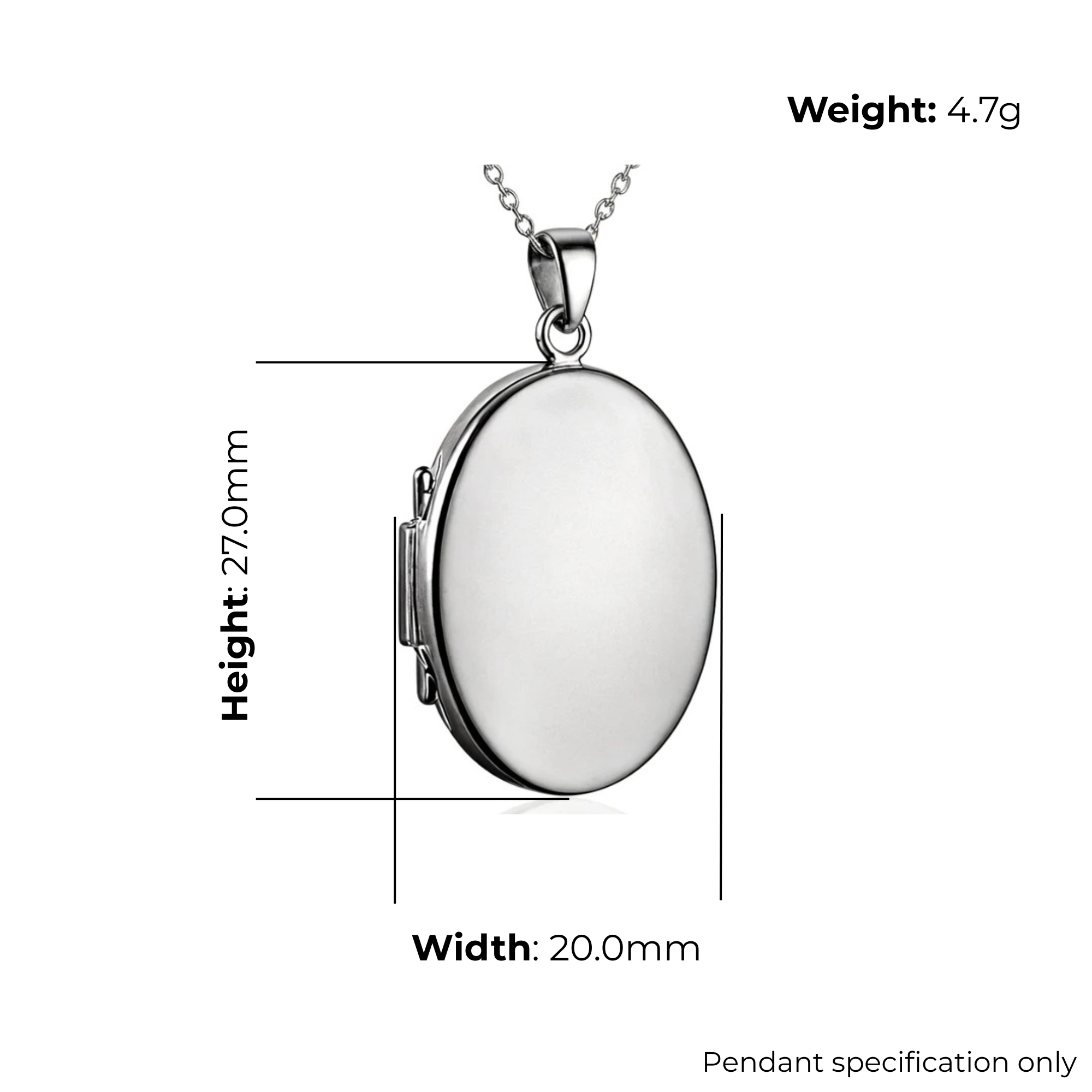 Sterling Silver Oval Locket, plain polished, product dimensions shown, width 20mm, height 27mm, weight 4.7g, pendant specification only