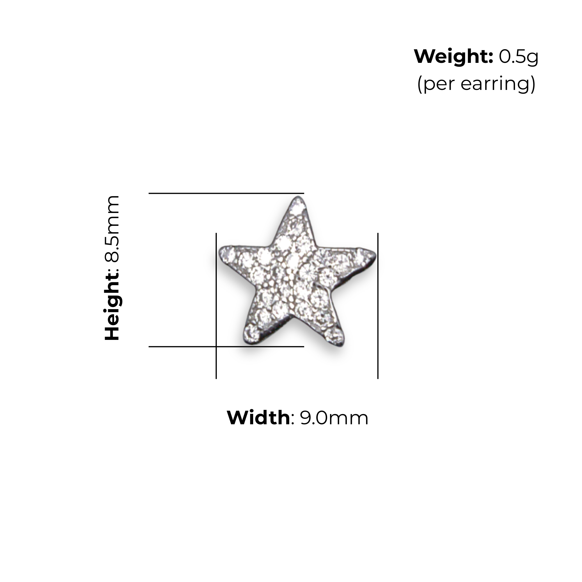 Sterling Silver Star CZ Stud Earrings, product dimensions shown, width 9mm, height 8.5mm, weight 0.5g per earring