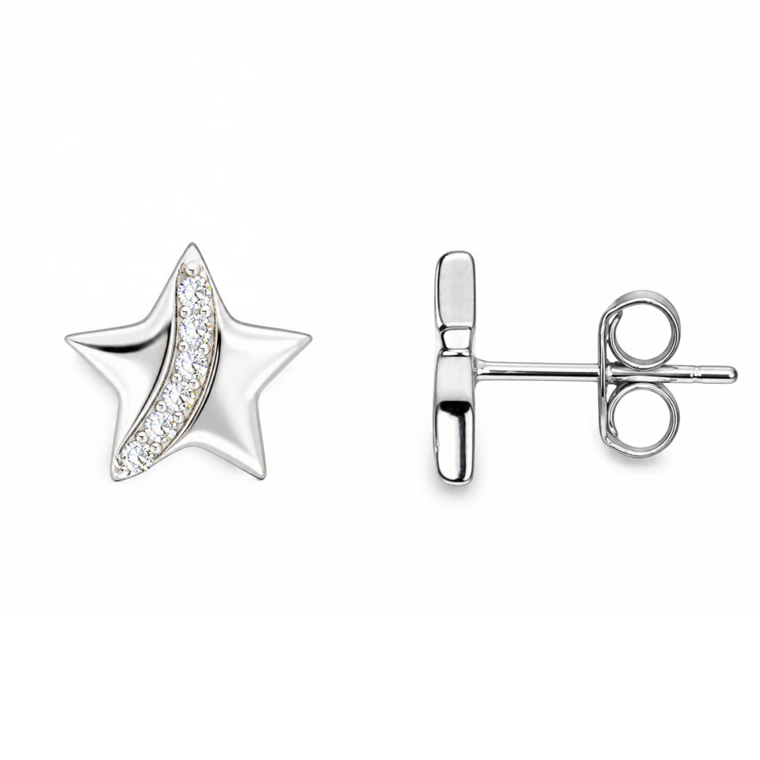 Sterling Silver Star Stud Earrings, Pave-Set CZ Detail