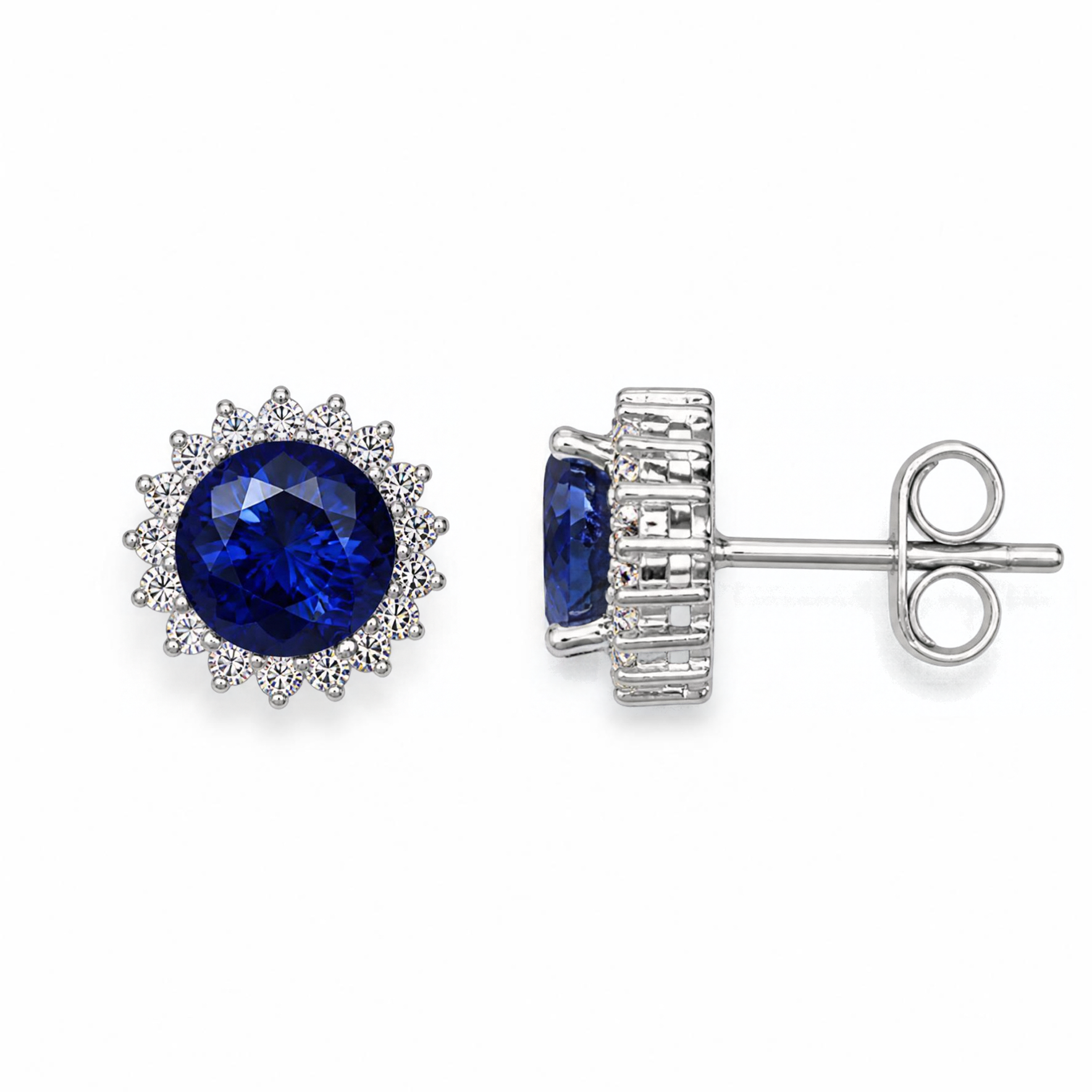Sterling Silver Halo Stud Earrings, Blue CZ Centre Stone