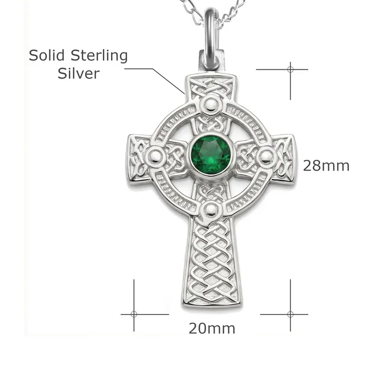Sterling Silver Celtic cross pendant with green cubic zirconia, product dimensions show, 28mm height by 20mm width