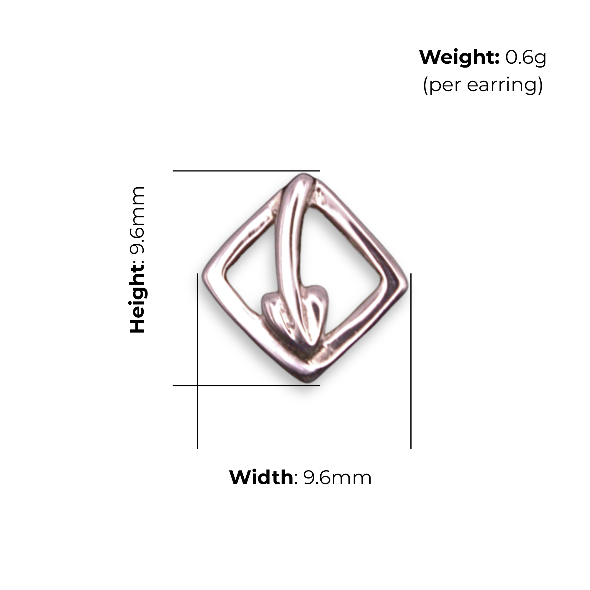 Sterling Silver Mackintosh Rose Stud Earrings, Diamond Frame Design, product dimensions shown, width 9.6mm, height 9.6mm, weight 0.6g per earring.
