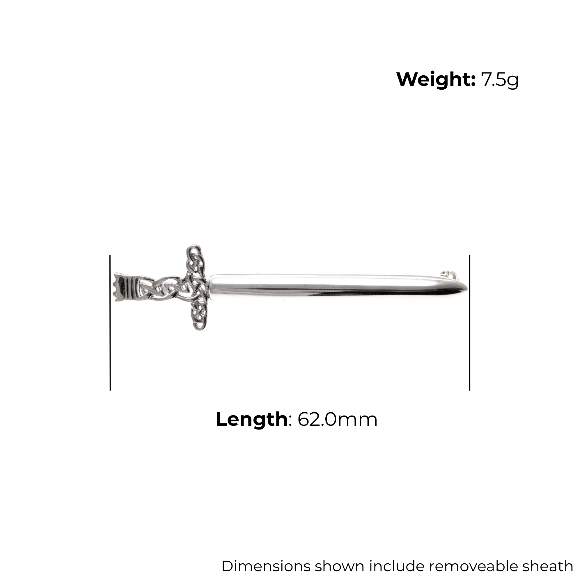 Sterling Silver Sword Kilt Pin, Celtic knotwork hilt, removable sheath, product dimensions shown, length 62mm, weight 7.5g, dimensions include removeable sheath