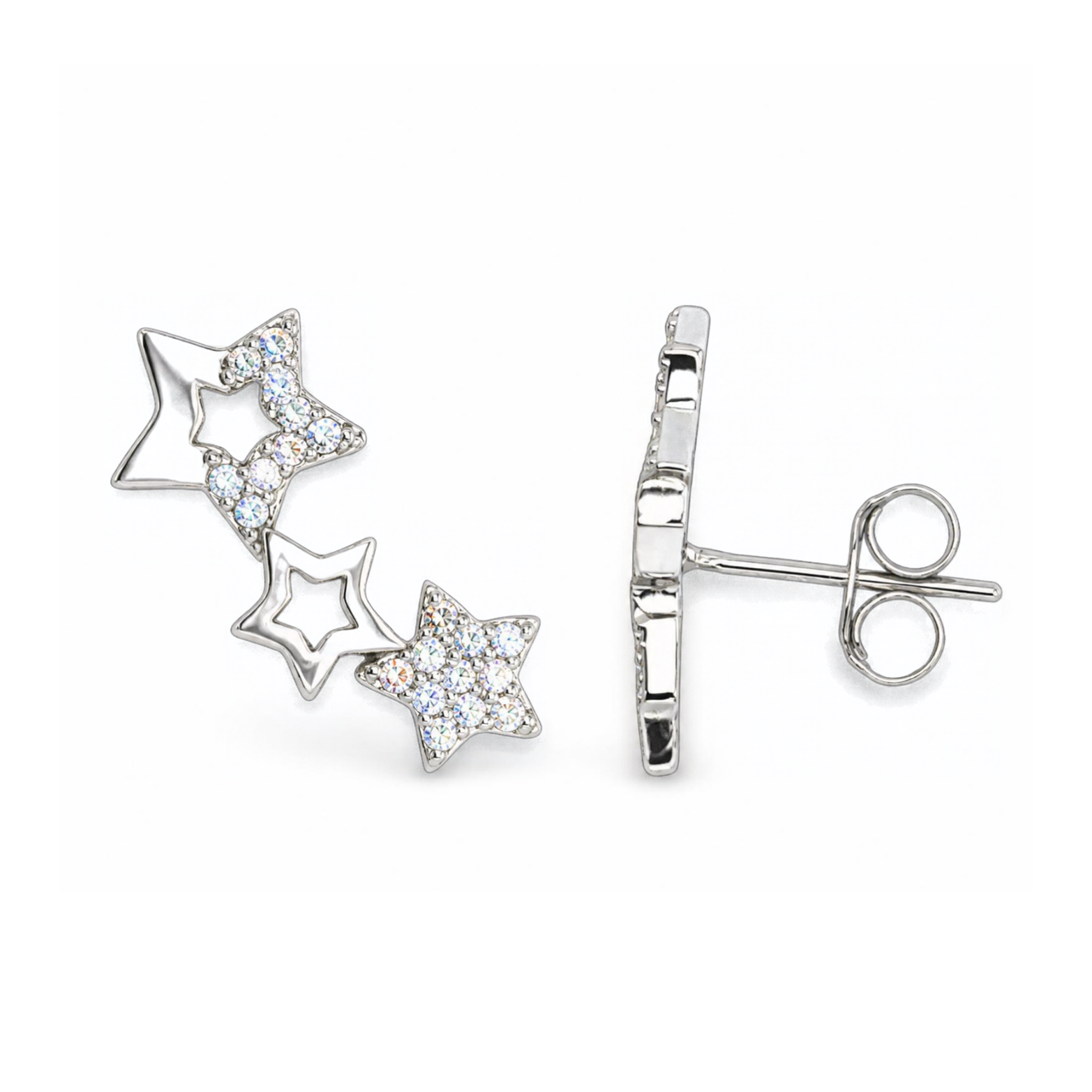 Sterling Silver Triple Star Stud Earrings, Pave-Set CZ Detail