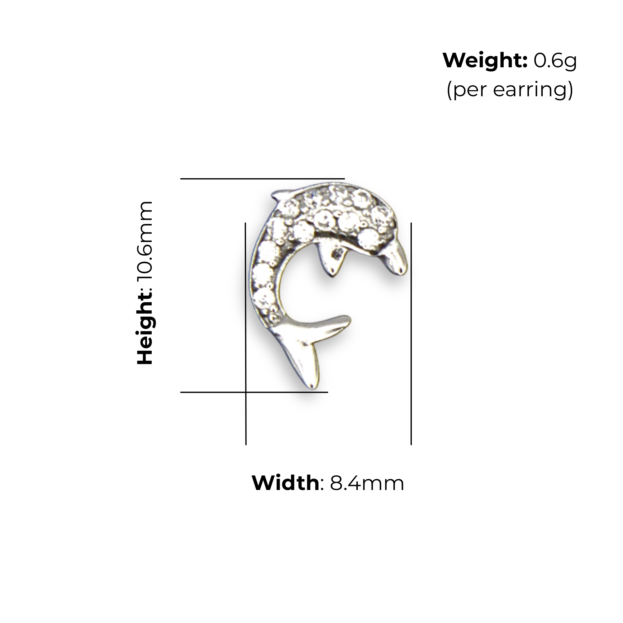 Sterling Silver Dolphin Stud Earrings, Pave-Set CZ, product dimensions shown, width 8.4mm, height 10.6mm, weight 0.6g per earring.