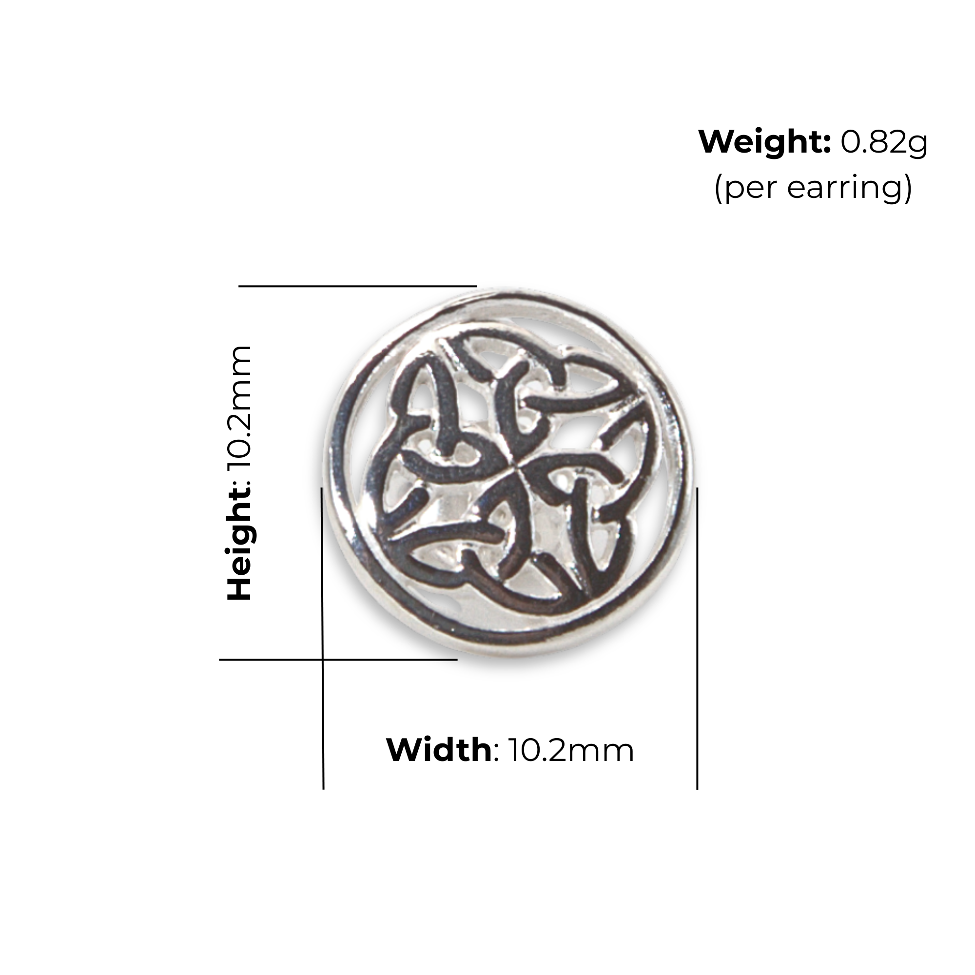 Sterling Silver Celtic Knotwork Round Stud Earrings, four-point radial design, high-polish finish, push back fitting, product dimensions shown, width 10.2mm, height 10.2mm, weight 0.82g per earring