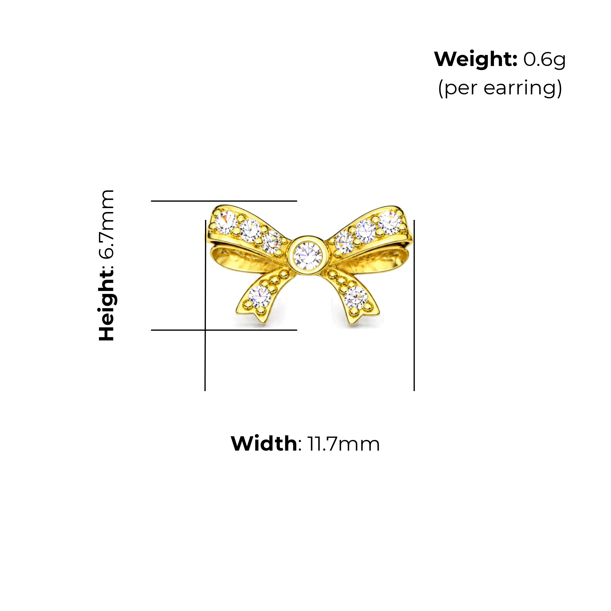 Sterling Silver Bow Stud Earrings, Gold Plated, CZ Detail, product dimensions shown, width 11.7mm, height 6.7mm, weight 0.6g per earring.