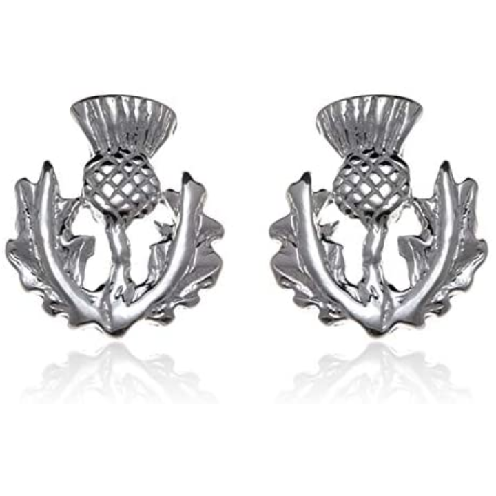 Sterling Silver Scottish Thistle Stud Earrings, crosshatched globe, feathered crown, serrated leaves, 12mm x 12mm, push back fitting.