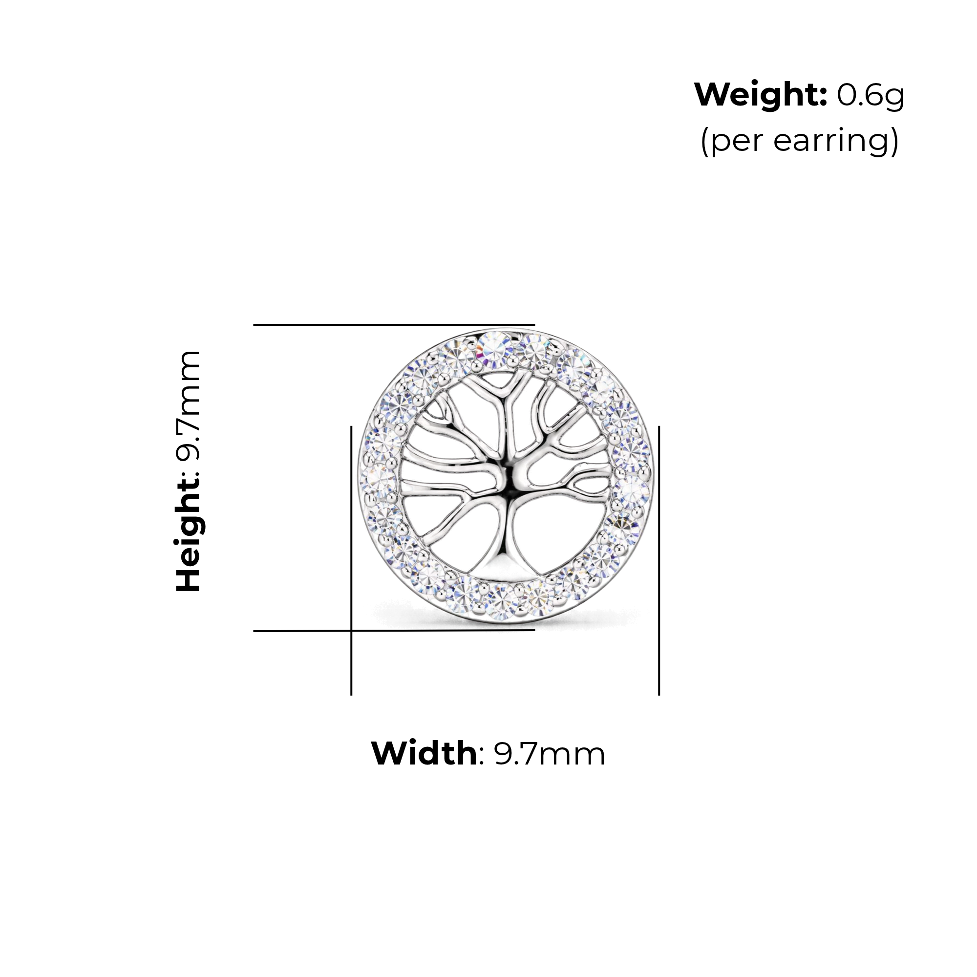 Sterling Silver Tree of Life Stud Earrings, Open Branch Design with CZ Border, product dimensions shown, width 9.7mm, height 9.7mm, weight 0.6g per earring