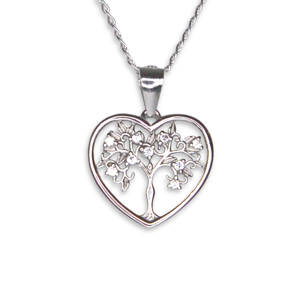 Sterling Silver Tree of Life Heart Pendant, Pave-Set CZ Detail