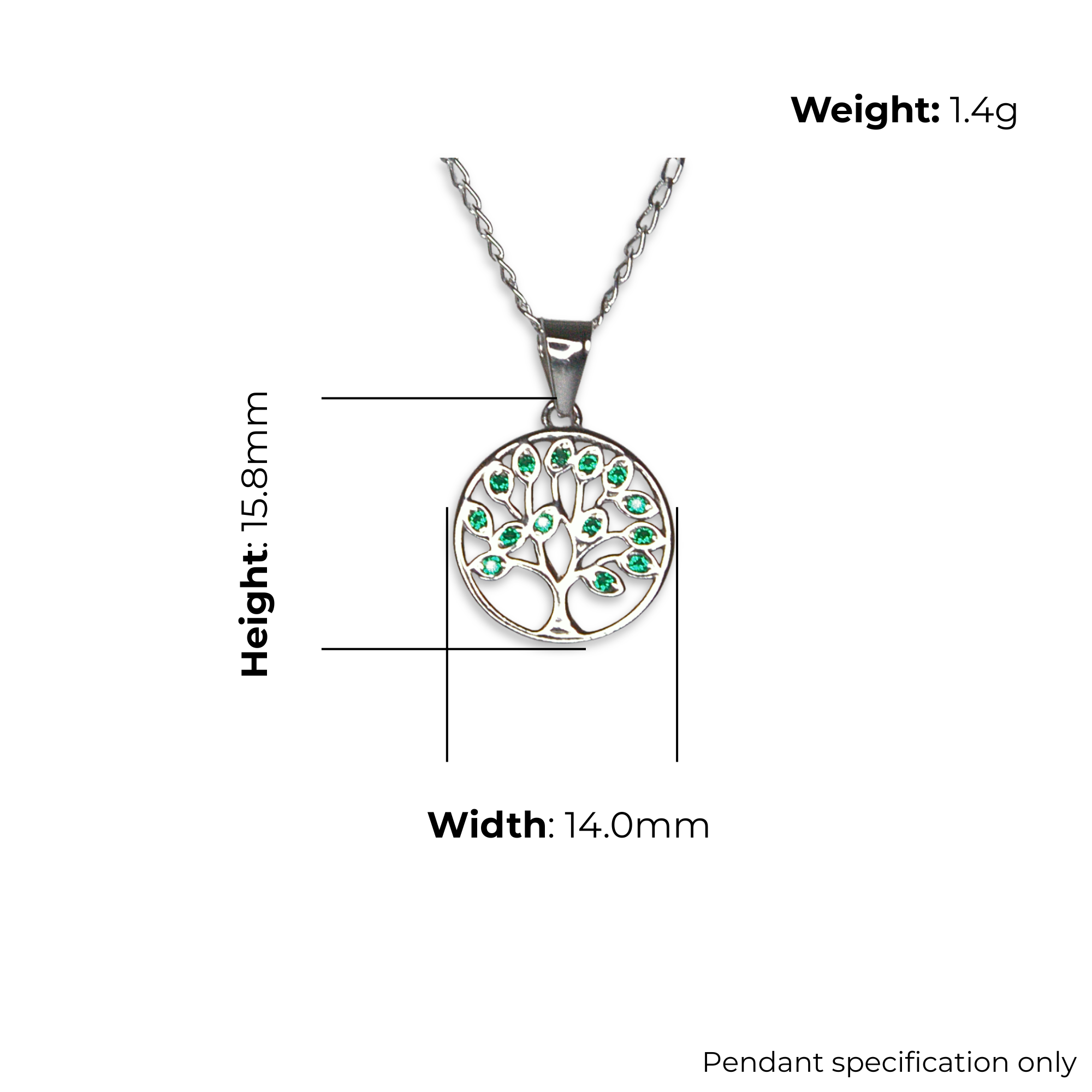 Sterling Silver Tree of Life Pendant, Green CZ Leaf Detail, product dimensions shown, width 14.0mm, height 15.8mm, weight 1.4g, pendant specification only.