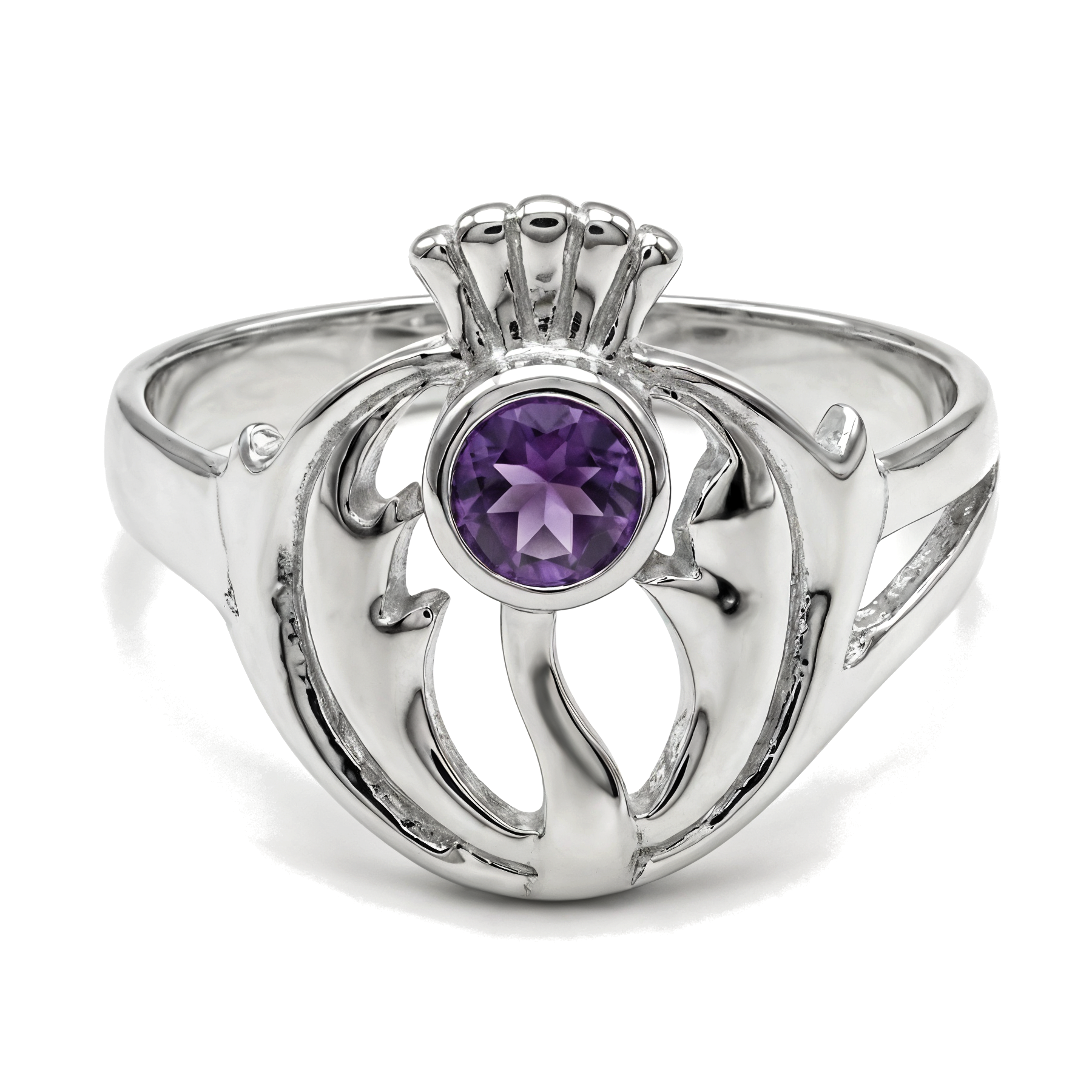 Sterling Silver & Purple CZ Scottish Thistle Ring - (SSR8917)