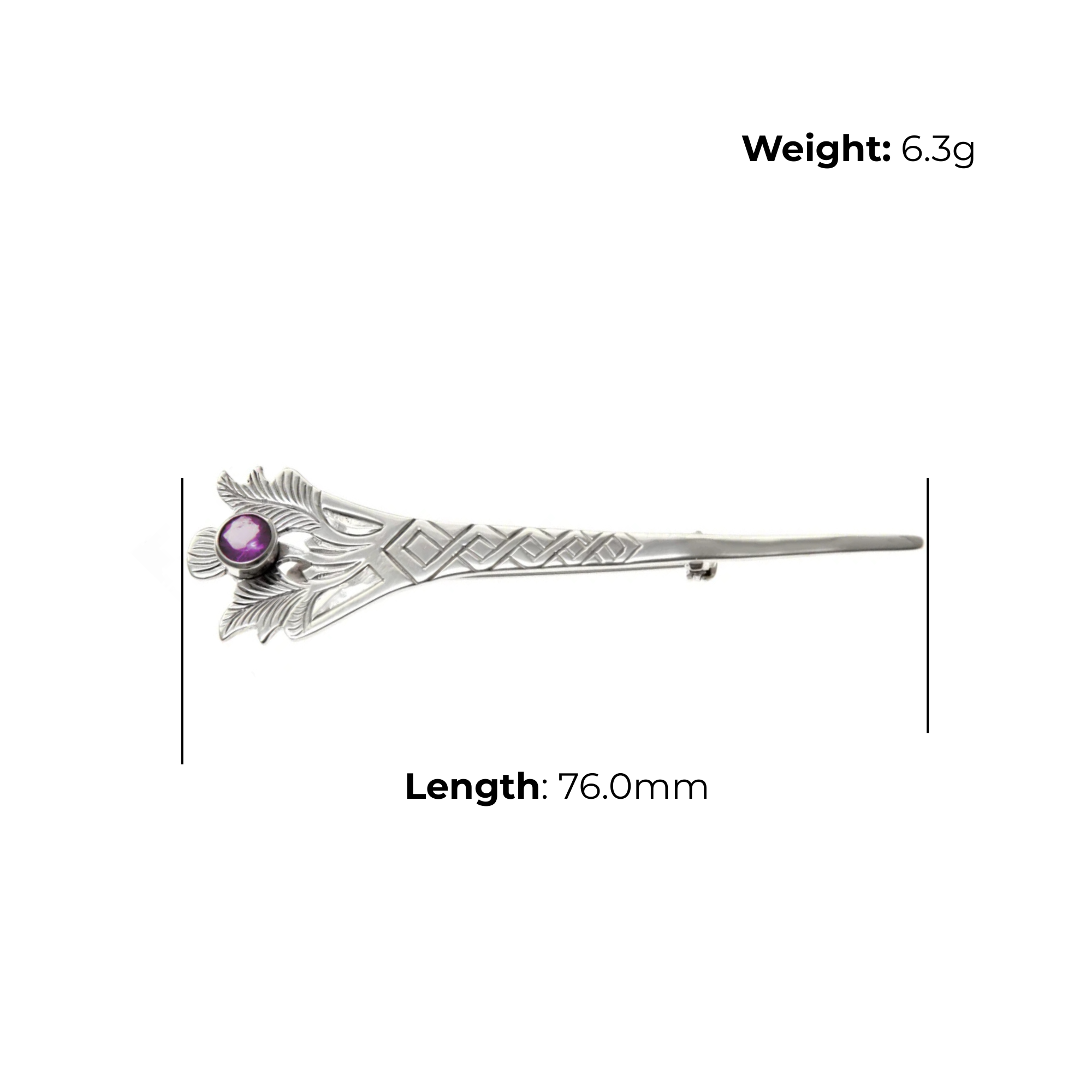 Sterling Silver Thistle Kilt Pin, amethyst, product dimensions shown, length 76mm, weight 6.3g