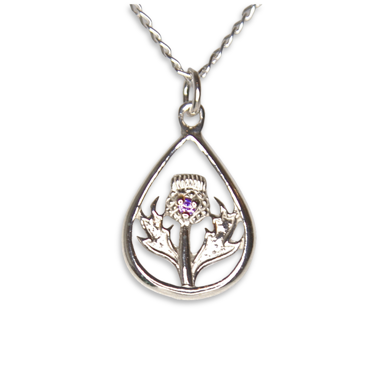 Sterling Silver Scottish Thistle Purple Stone Pendant - 23mm (SC1066)
