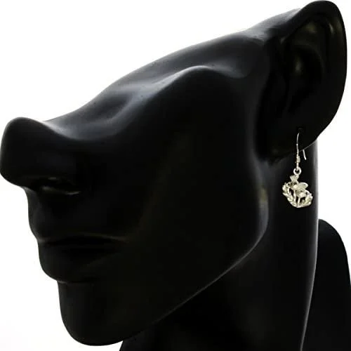 Sterling Silver Scottish Thistle Drop Earrings, oxidised finish, feathered head, open leaf design, 12mm x 10mm, fish hook fitting, shown on modelling bust at ear giving scale.
