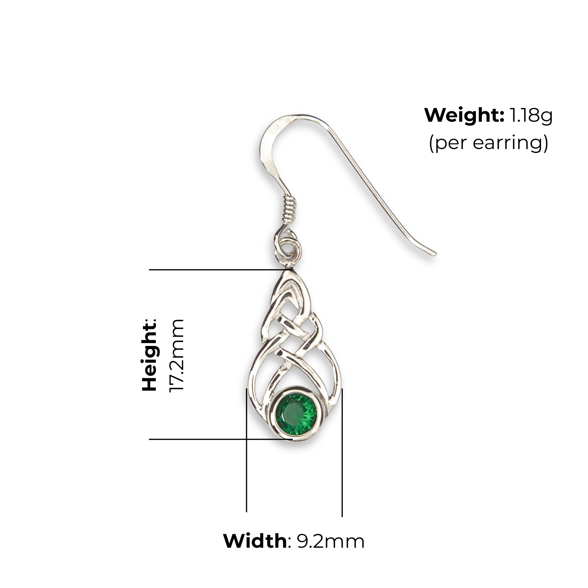 Sterling Silver Celtic Knotwork Teardrop Drop Earrings, round green stone bezel set, product dimensions shown, width 9.2mm height 17.2mm, weight 1.18g per earring.