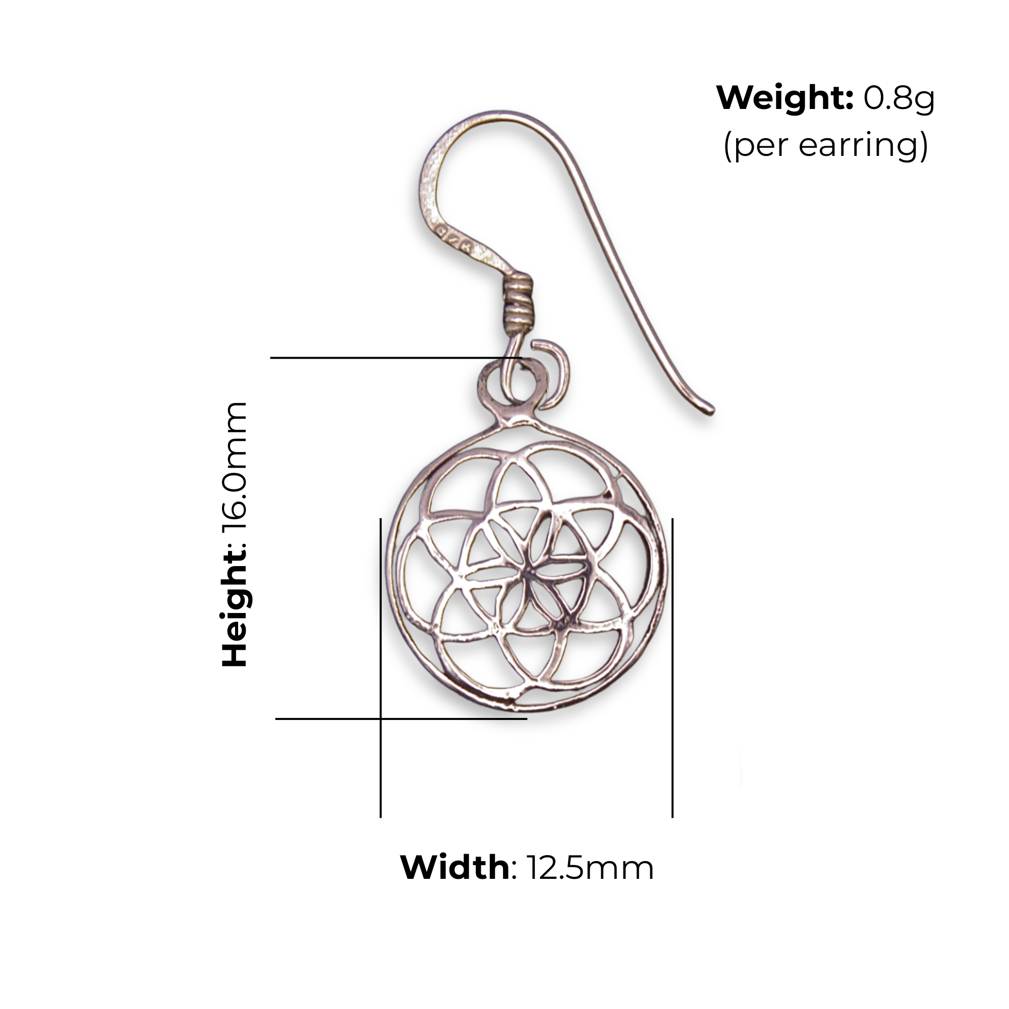 Sterling Silver Geometric Flower Circle Earrings, Overlapping Circle Design, product dimensions shown, width 12.5mm, height 16mm, weight 0.8g per earring.