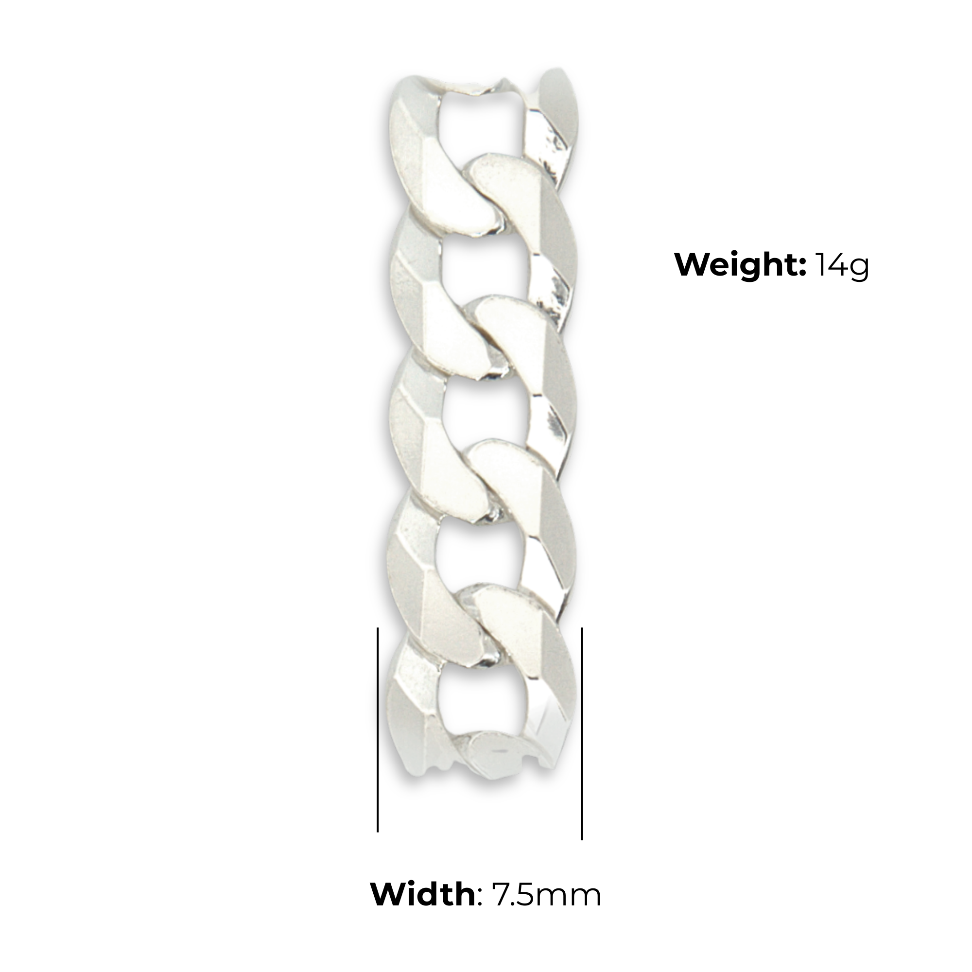 Sterling Silver Gents Curb Chain Bracelet, high mirror polish, 7.5mm link width, 22.5 cm length, 14g, trigger clasp, product dimensions shown, weight 14g, width 7.5mm